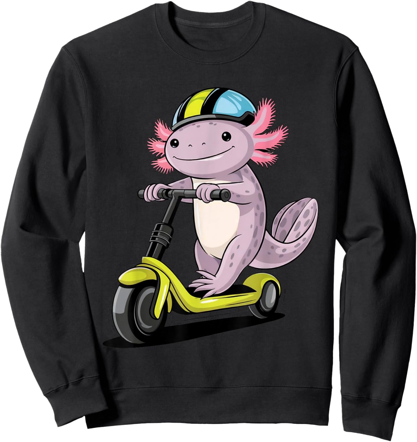 Axolotl Driving Scooter Funny Kawaii Boys Girls Cute Axolotl Sweatshirt - Sweatshirt | Black