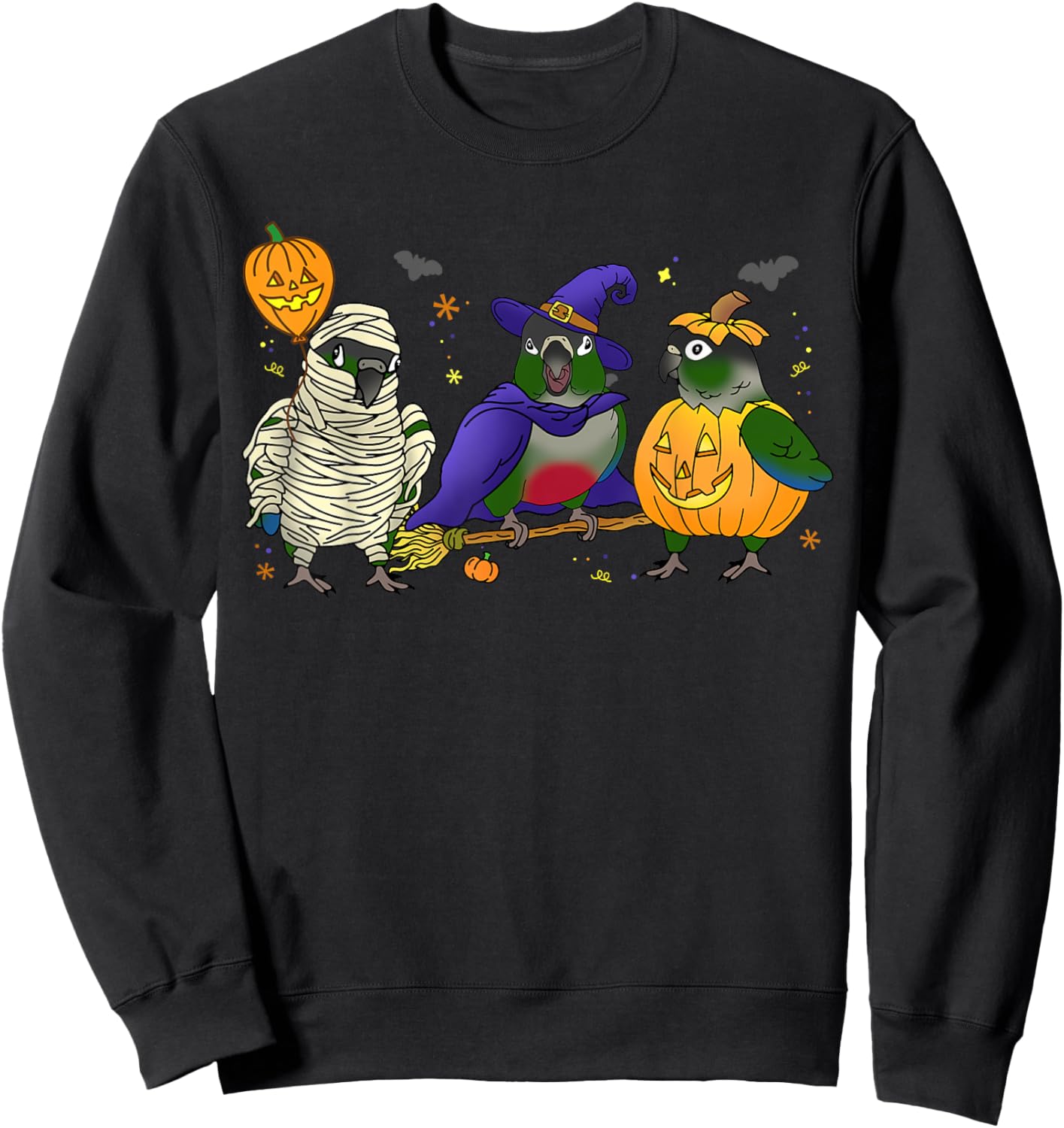 Halloween parrot Green Cheek Conure Pumpkin Mummy Witch Birb Sweatshirt - Sweatshirt | Black