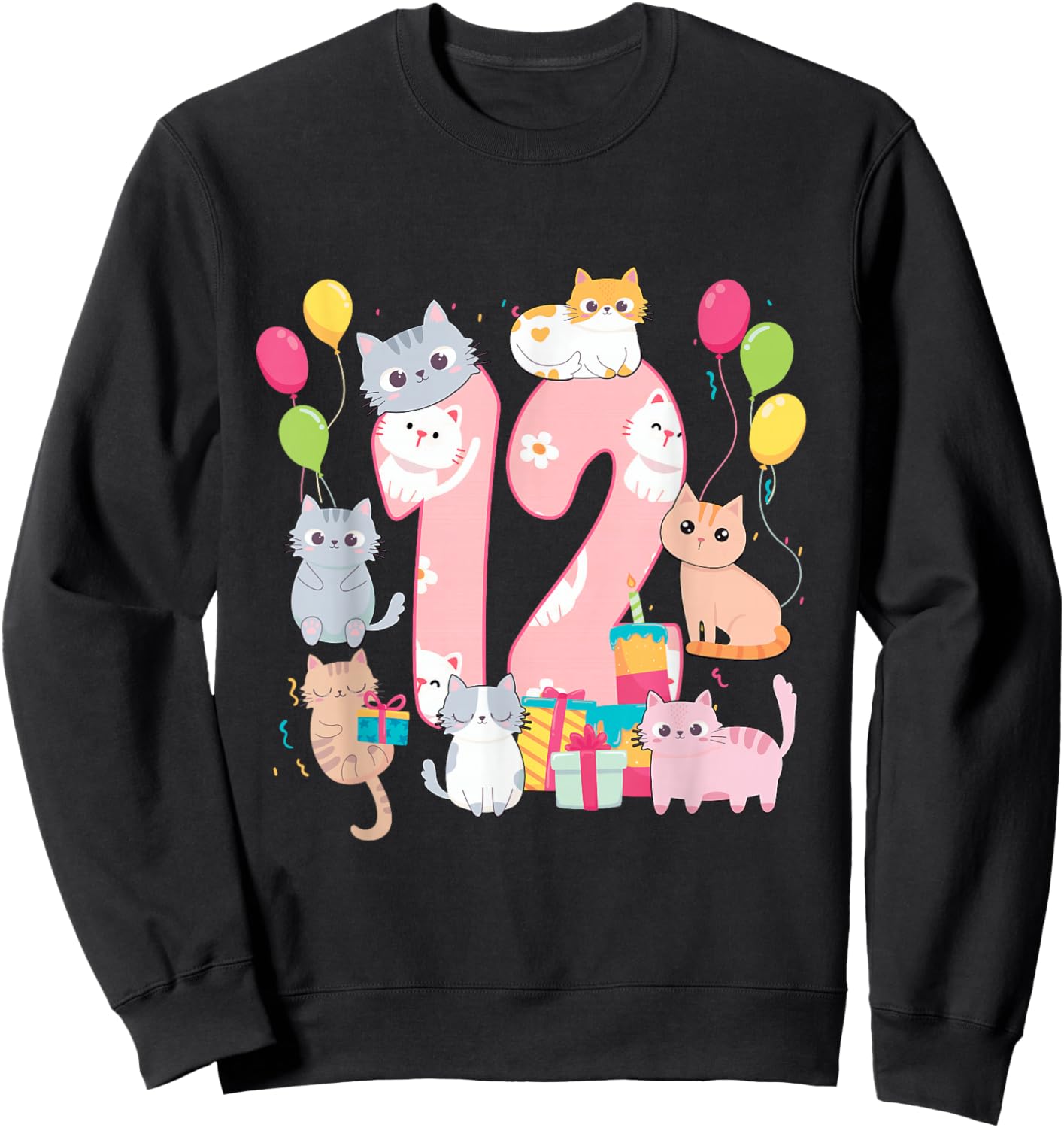 12 Years Old Cat Lover Birthday Party 12th Birthday Cat Them Sweatshirt - Sweatshirt | Black