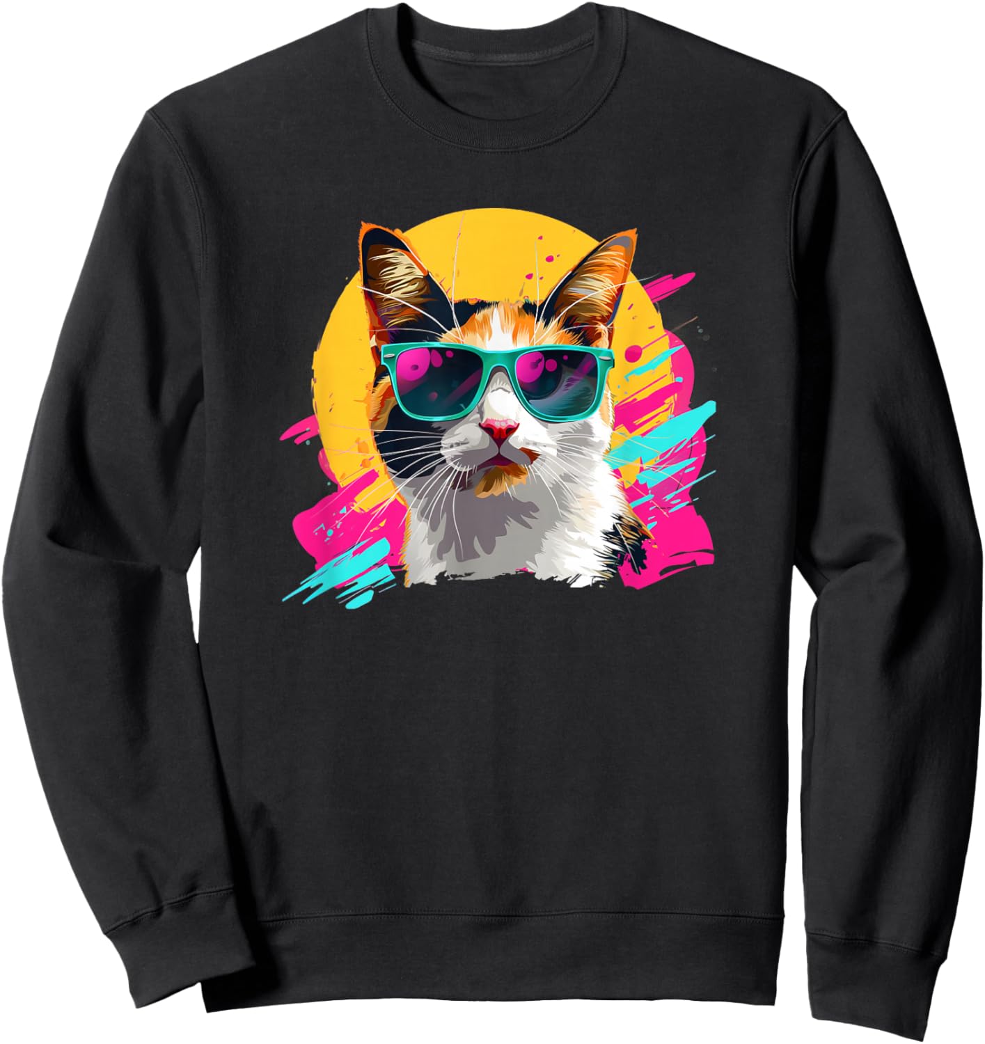 Retro Vintage 80s Sunglasses Calico Cat Lover Sweatshirt - Sweatshirt | Black