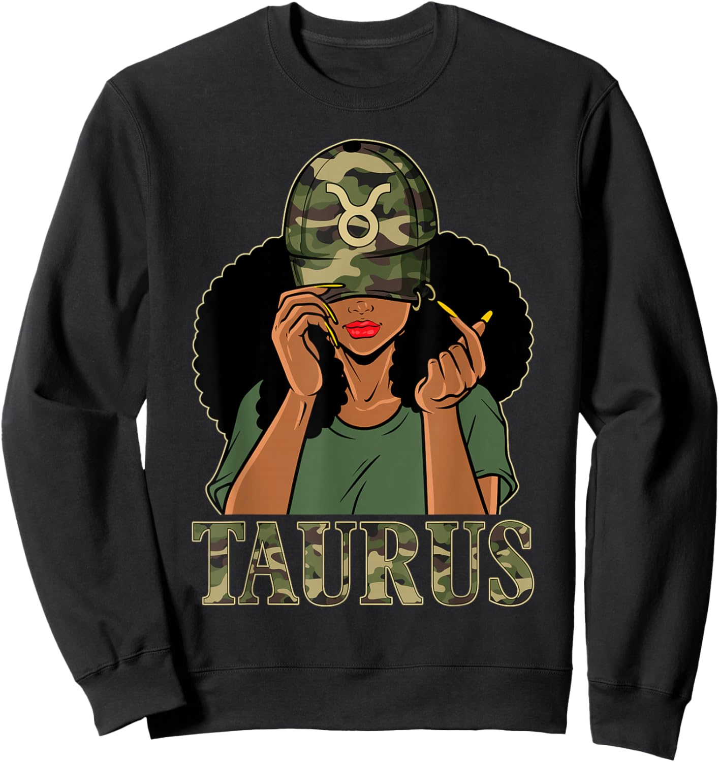 Taurus Girl Black Woman With Cap Camo Afro Woman Zodiac Sweatshirt - Sweatshirt | Black