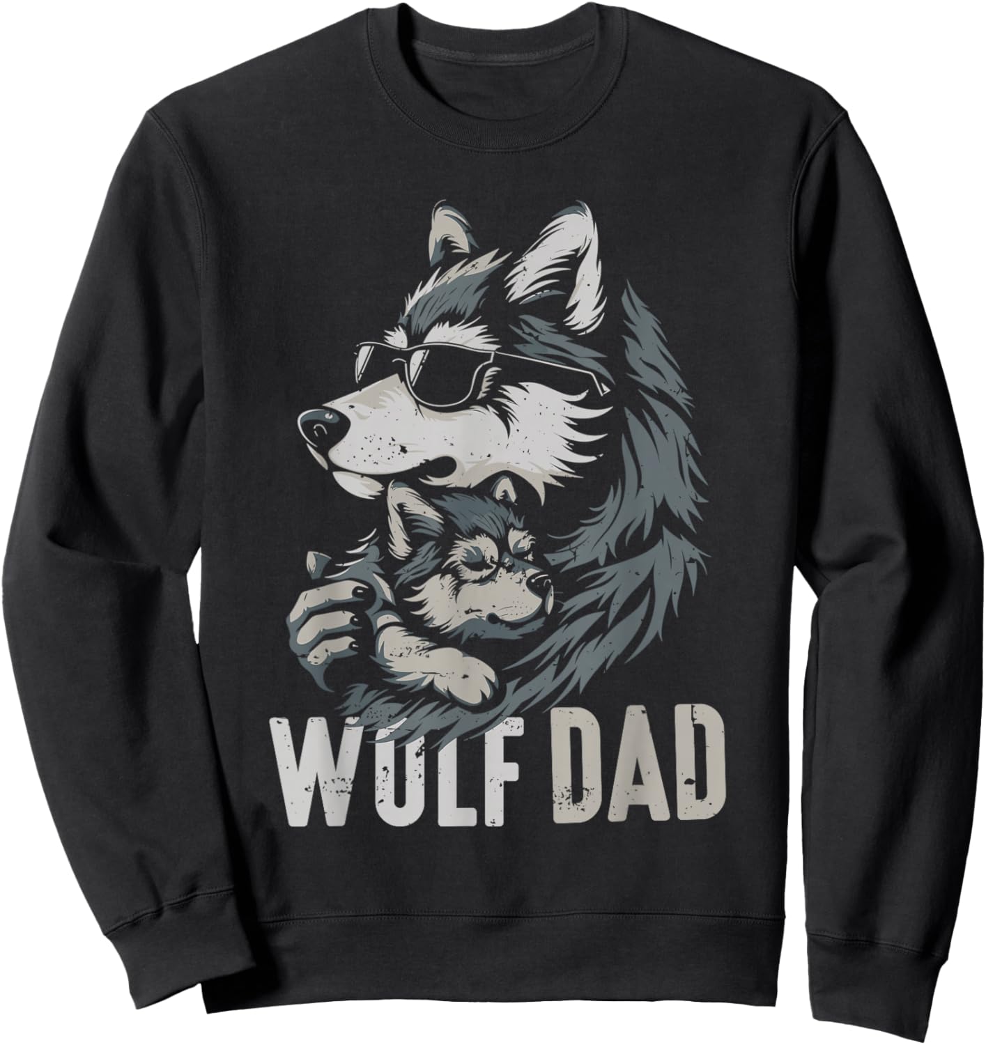 Wolf Dad and Baby Funny Fathers Day Daddy Wolfs Lovers Sweatshirt - Sweatshirt | Black