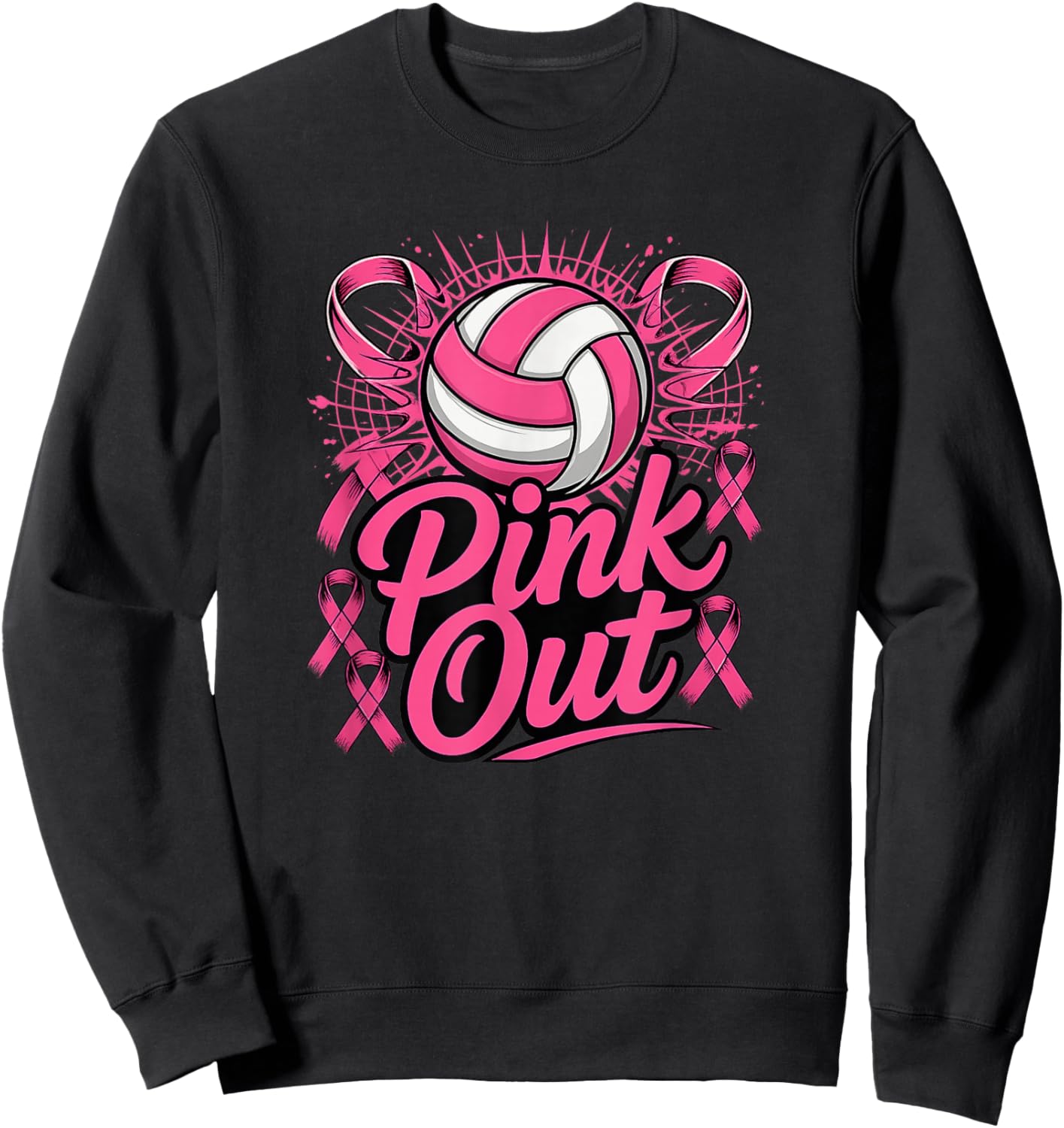 Volleyball Pink Out Breast Cancer Awareness Pink Ribbon Sweatshirt - Sweatshirt | Black
