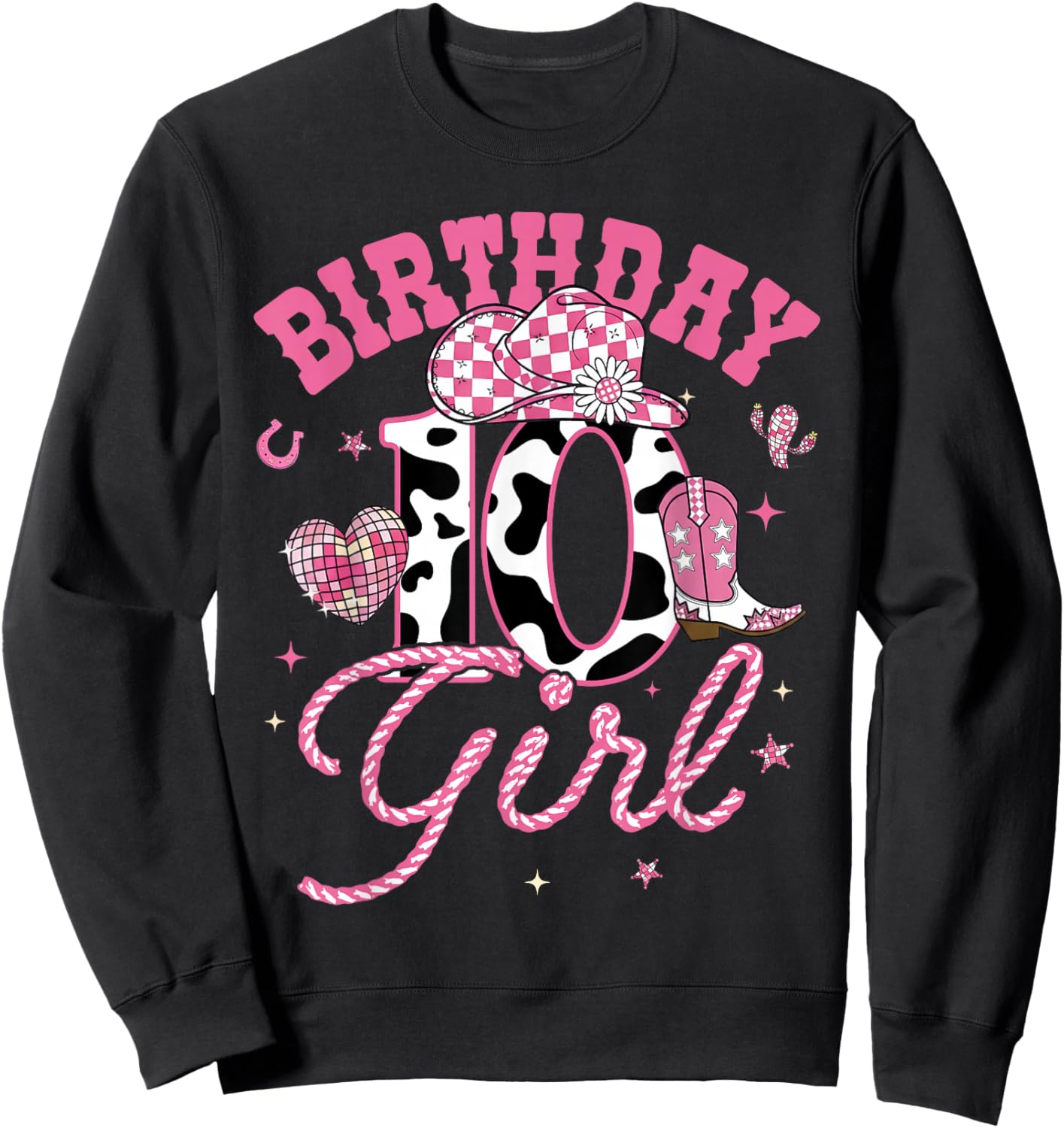 Kids 10 Year Old 10th Birthday Pink Cowgirl Birthday Girl Sweatshirt - Sweatshirt | Black