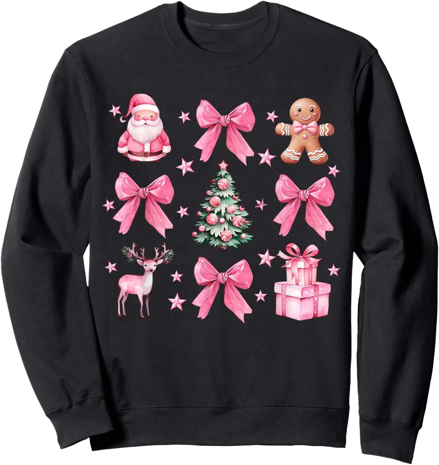 Cute Coquette Bow Pink Christmas Tree Santa Gingerbread Xmas Sweatshirt - Sweatshirt | Black