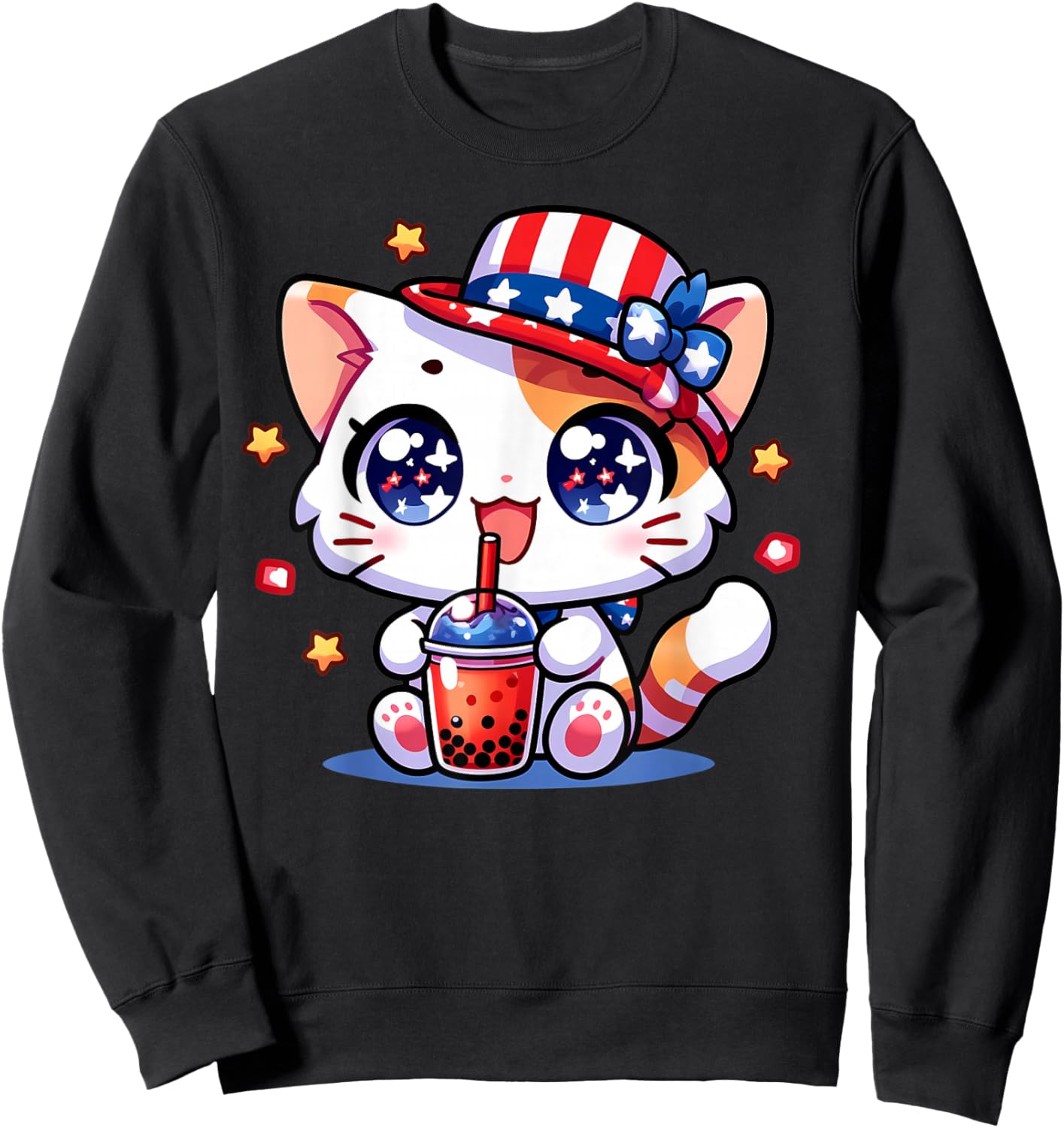 Cute 4th of July Cat Shirt Girls Kids Kawaii Anime Boba Tea Sweatshirt - Sweatshirt | Black