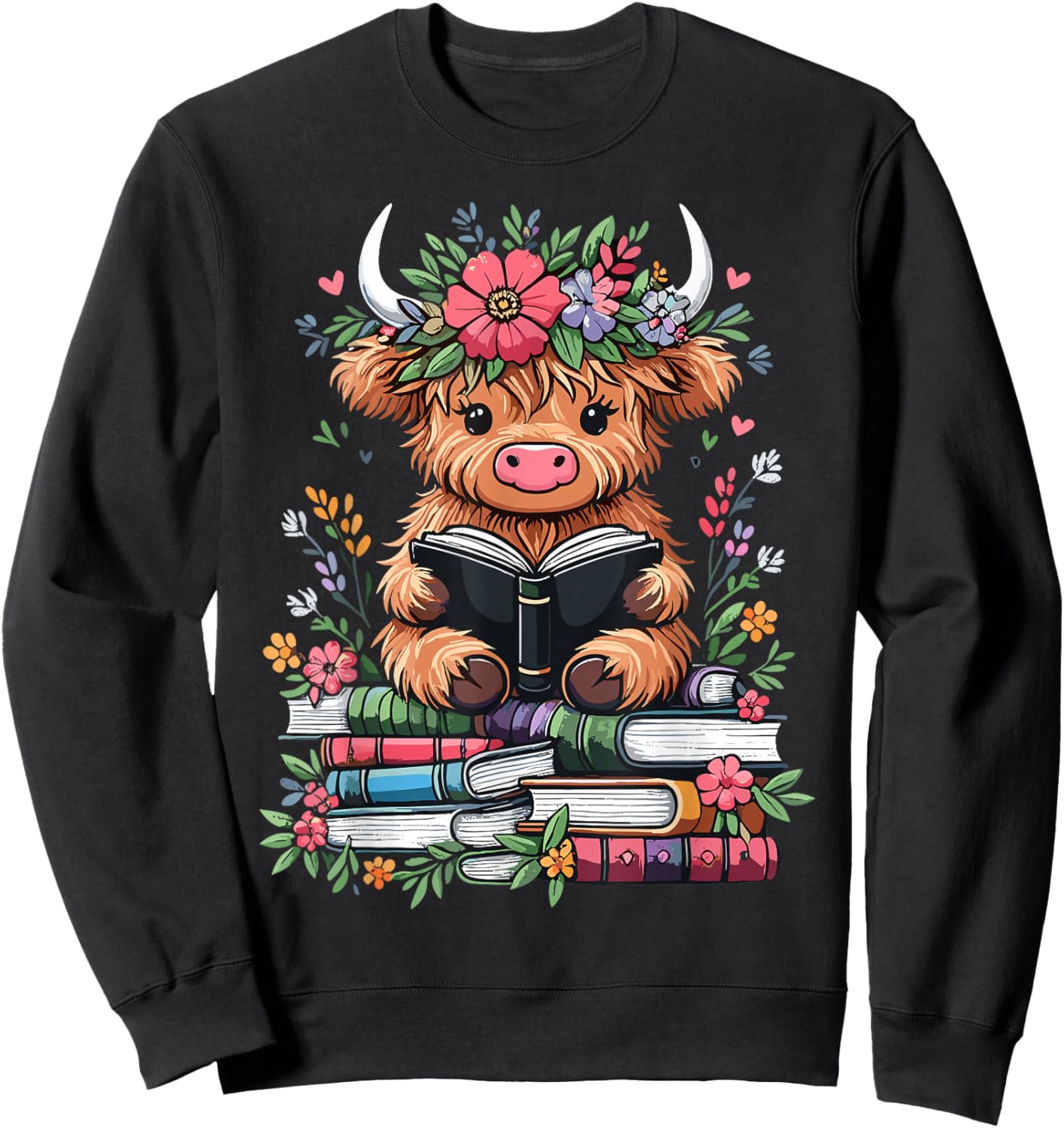 Bookworm Cute Baby Highland Cow Reading Book Sweatshirt - Sweatshirt | Black