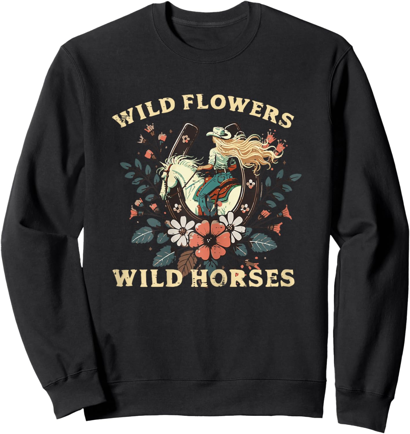 Wild Flowers Horses Vintage Equestrian Farm Women Girls Kids Sweatshirt - Sweatshirt | Black