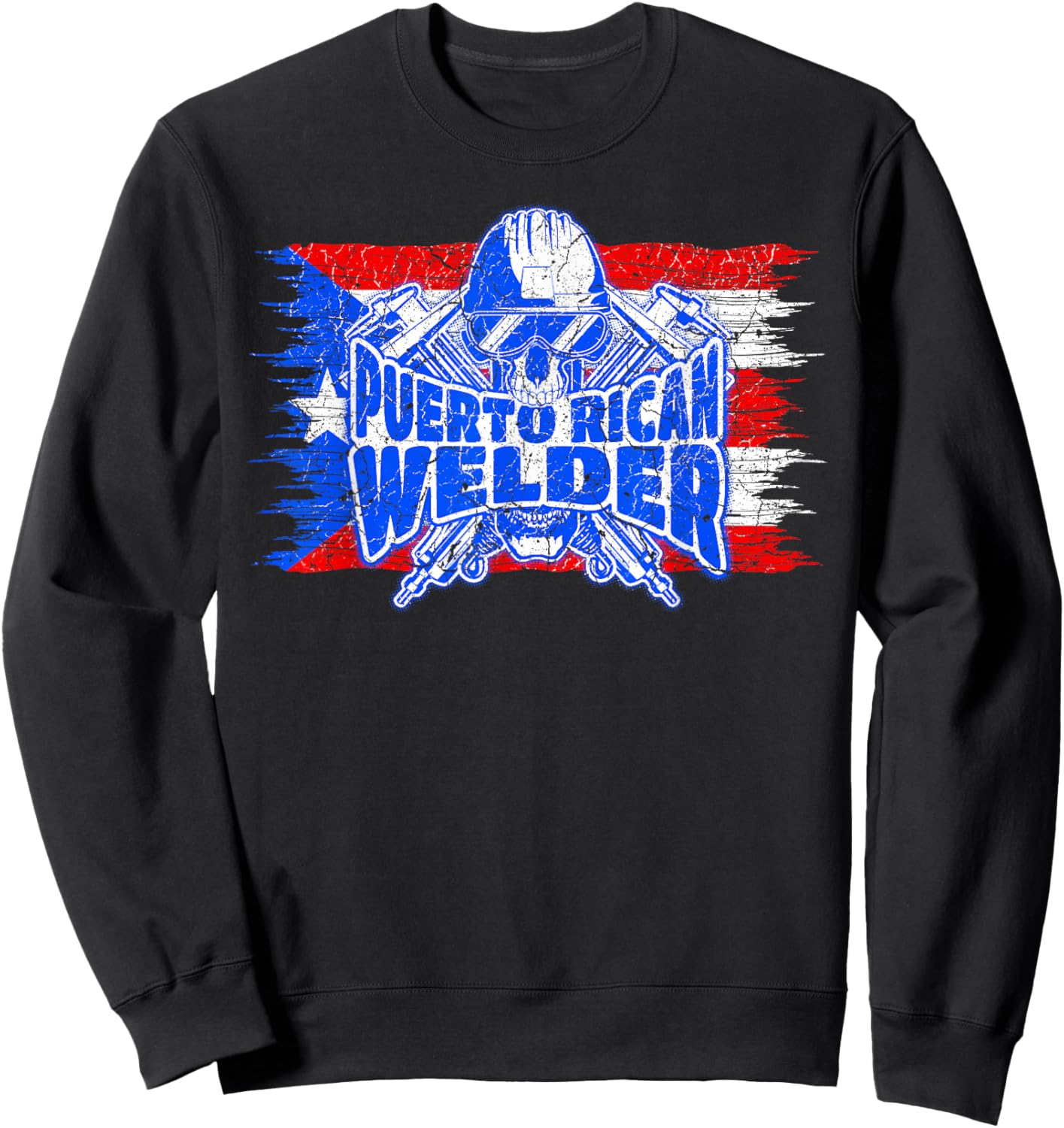 Proud Puerto Rican Welder Skull with Flag of Puerto Rico Sweatshirt - Sweatshirt | Black