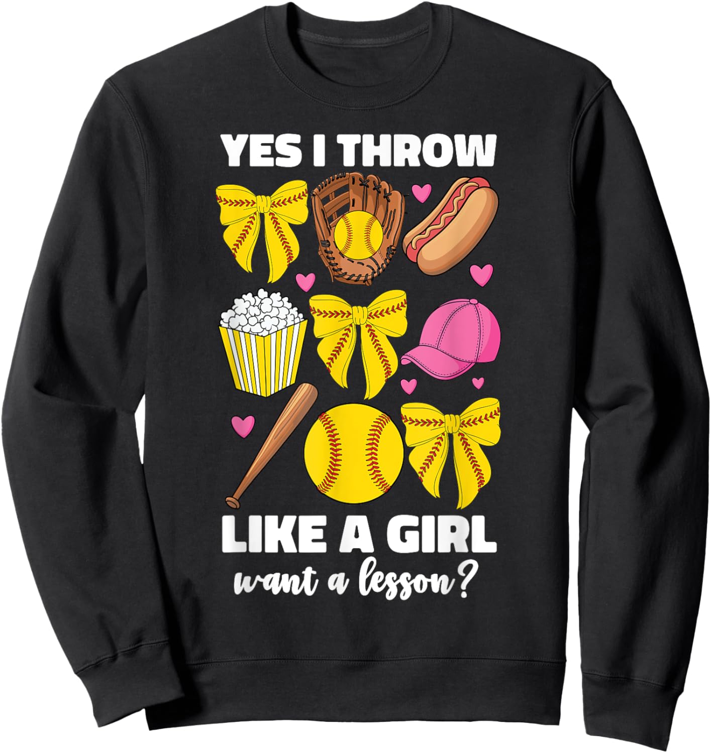 Yes I Throw Like A Girl Funny Softball Women Girls Kids Bow Sweatshirt - Sweatshirt | Black