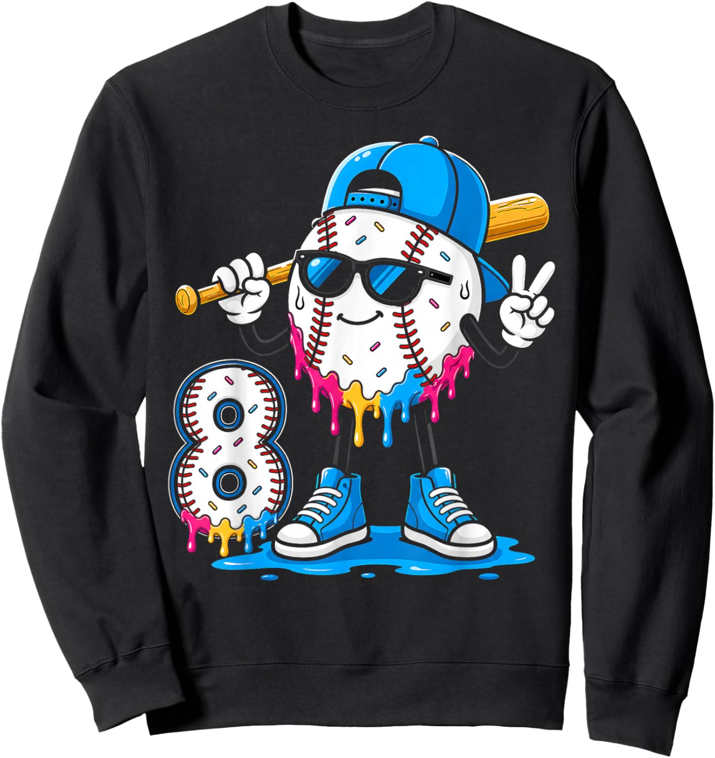 8th Birthday Boy Baseball Ice Cream Drip 8 Year Old Party Sweatshirt - Sweatshirt | Black