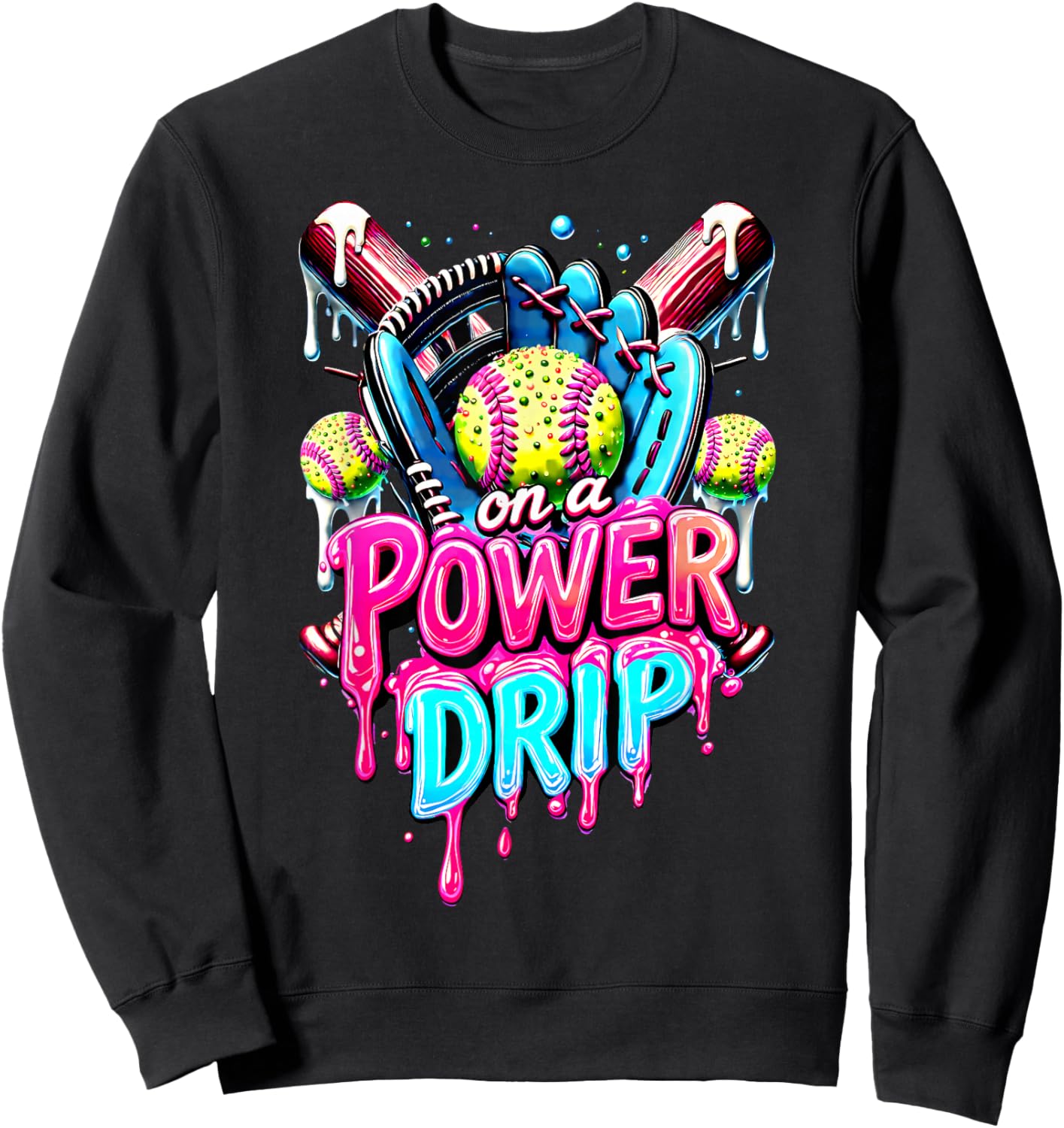 On A Power Drip Softball Ice Cream Dripping With Sprinkles Sweatshirt - Sweatshirt | Black