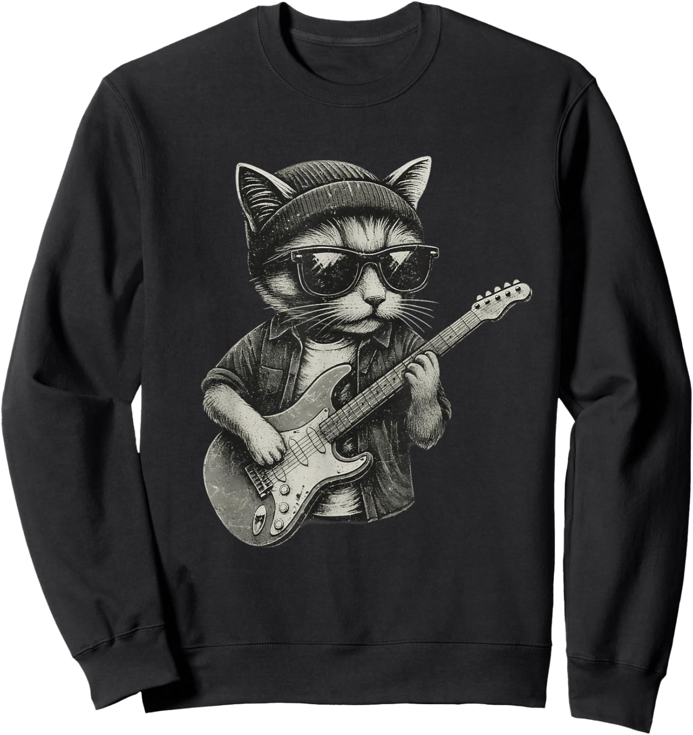 Chill Cat Playing Guitar Rock Music Funny Animal Sweatshirt - Sweatshirt | Black