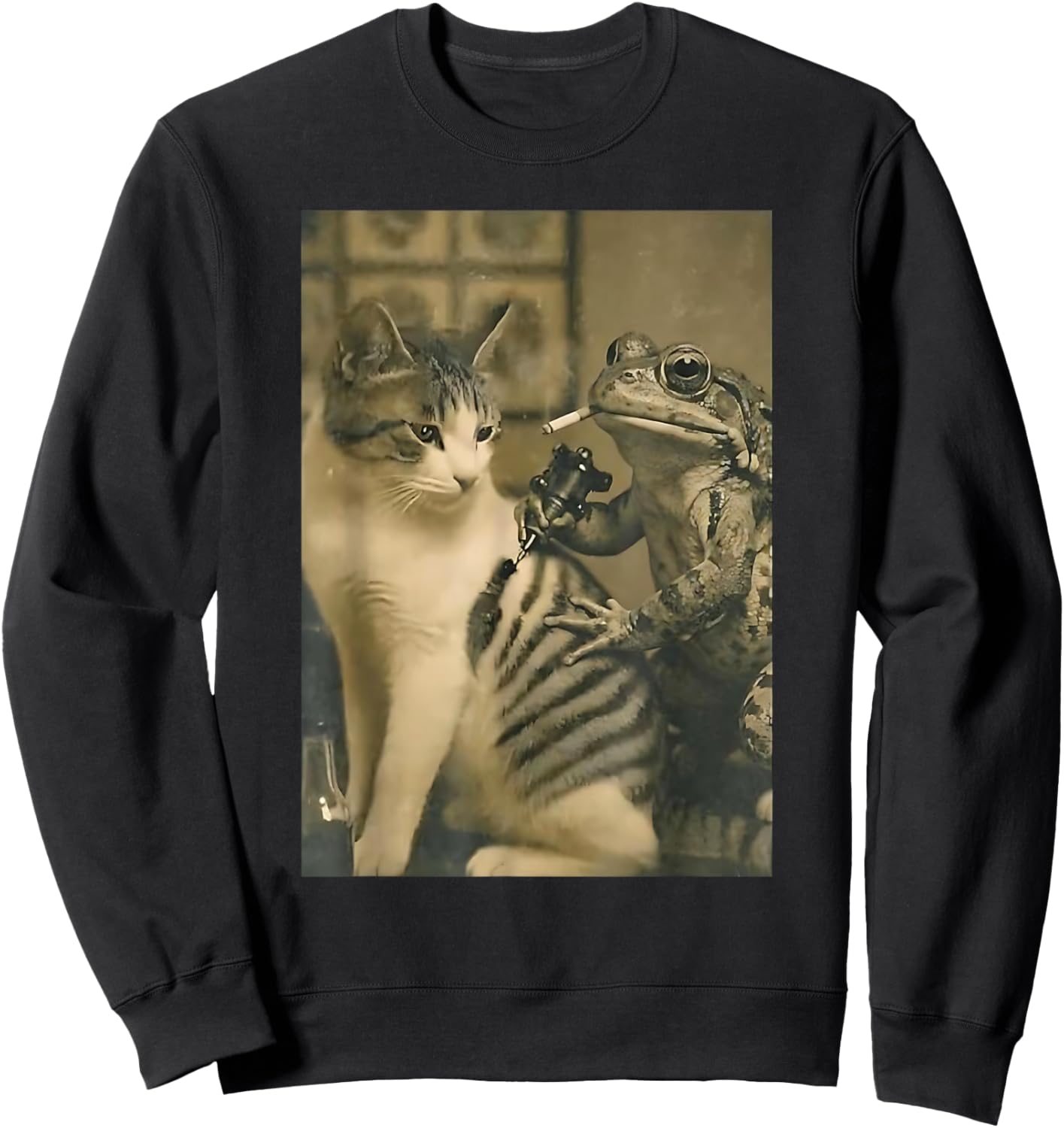 Vintage Cat Tattoo Frog Ink Artist Funny Meme Sweatshirt - Sweatshirt | Black