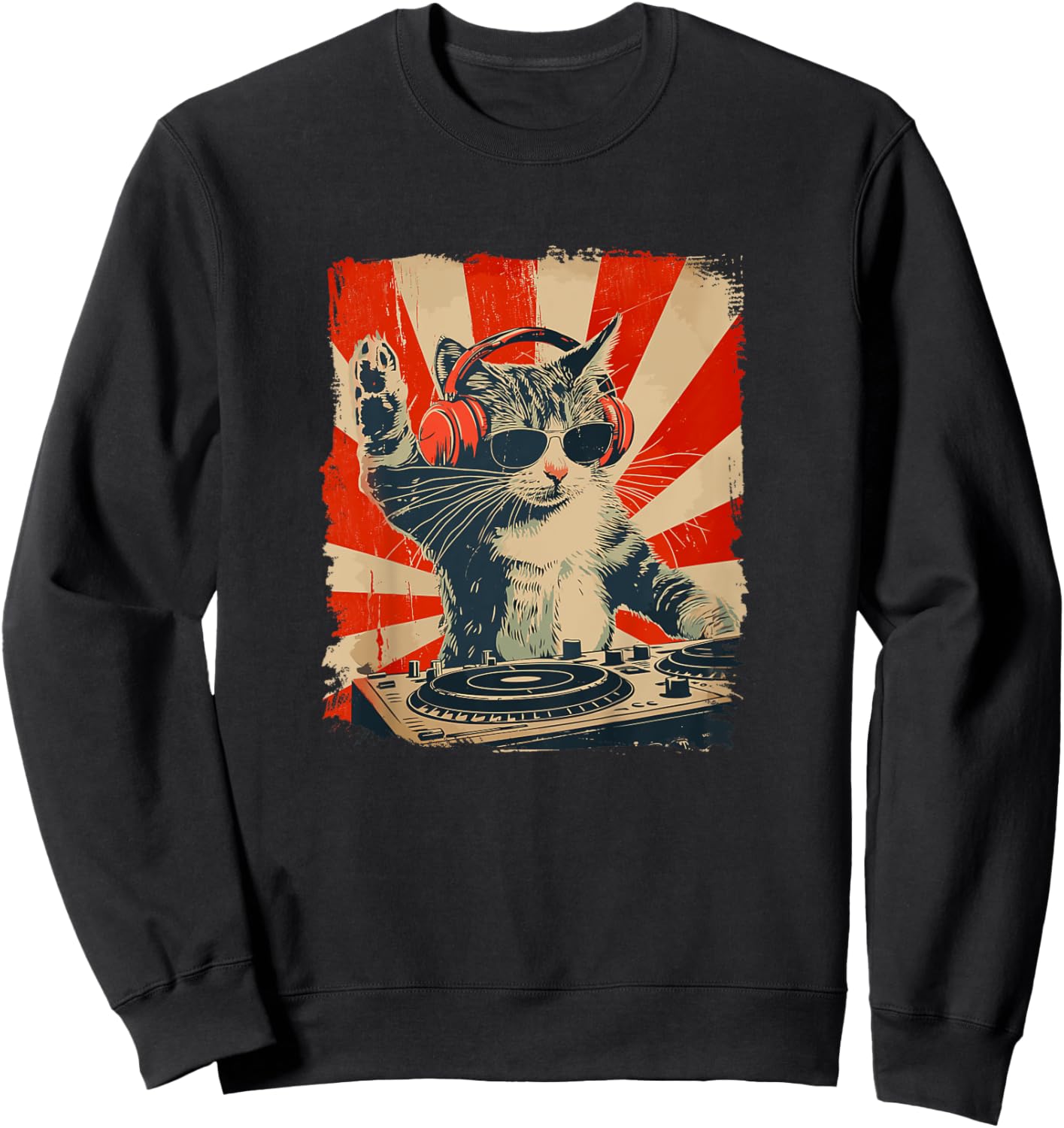 Funny DJ Cat Disco Sound Tech Headphone Music Sweatshirt - Sweatshirt | Black