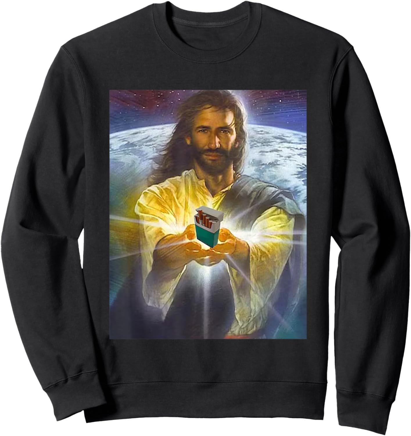 Jesus Holding Cigarettes Funny Jesus -Adults Black Short Sleeve Small Sweatshirt - Sweatshirt | Black
