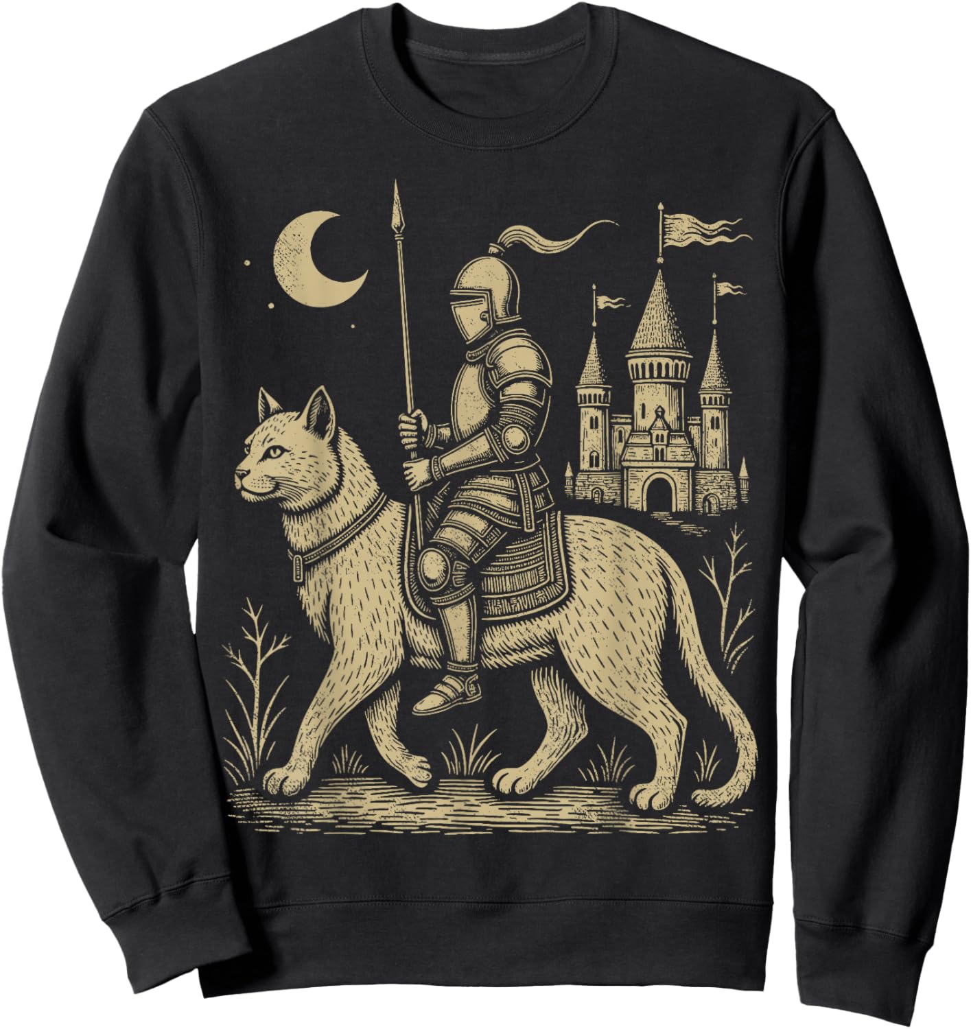 Weird Medieval Cat Middle Ages Armored Knight Riding Cat Sweatshirt - Sweatshirt | Black