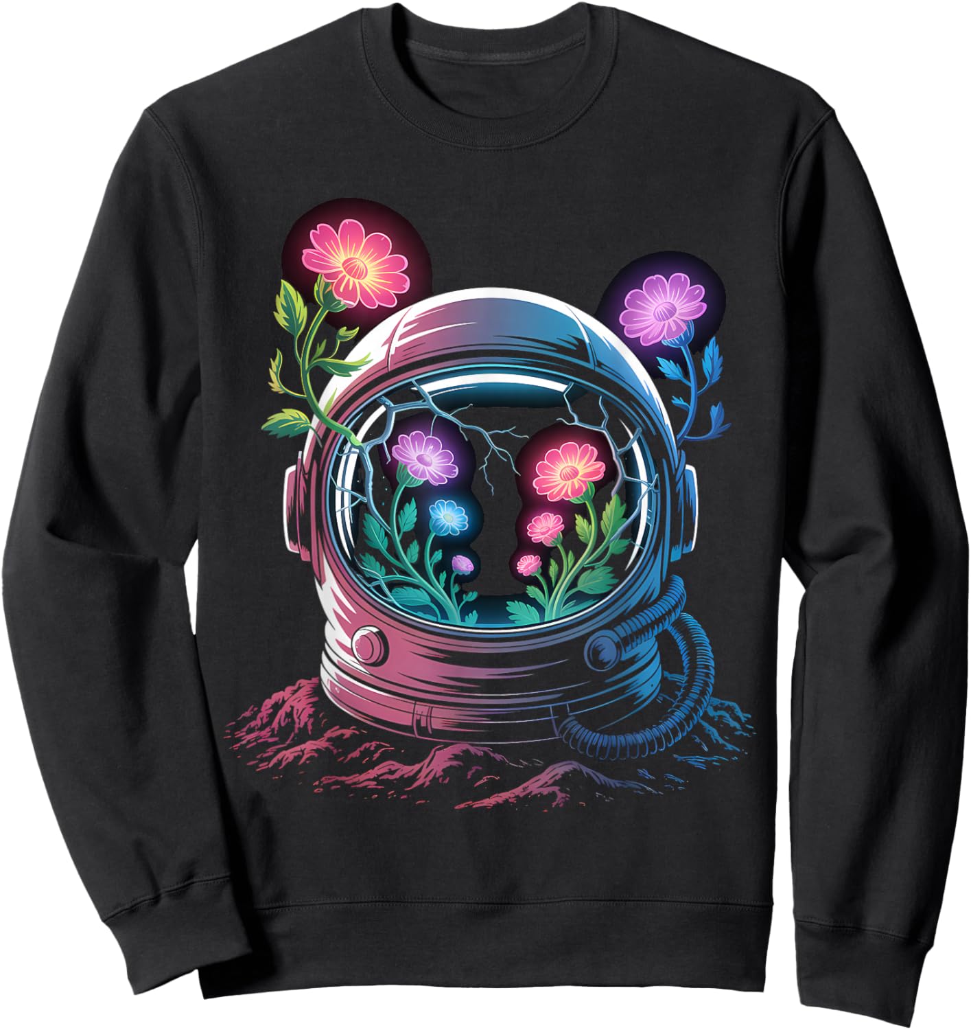 Astronaut Helmet Glowing Flowers Space Bloom Future Art Sweatshirt - Sweatshirt | Black