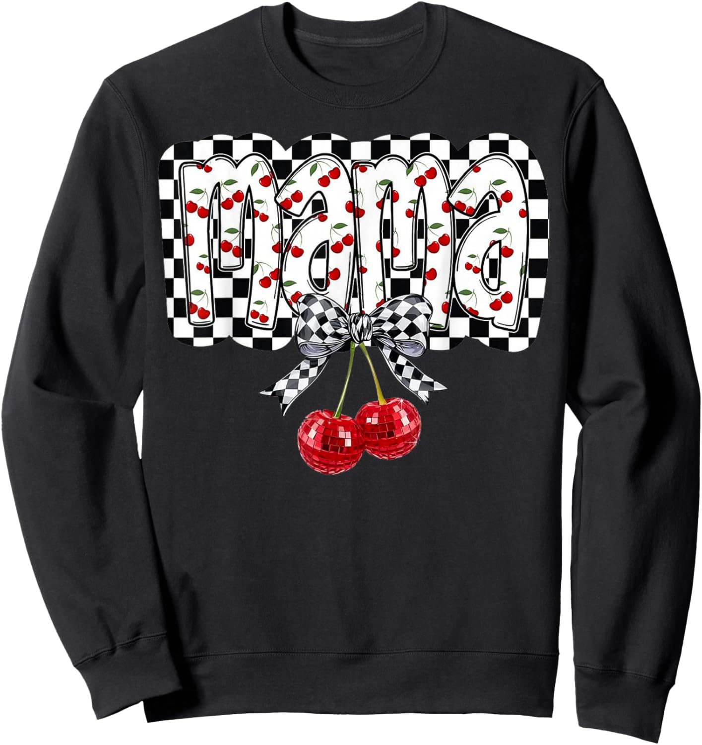 Cherry Bow Coquette Mama Checkered Retro Mother's Day Sweatshirt - Sweatshirt | Black