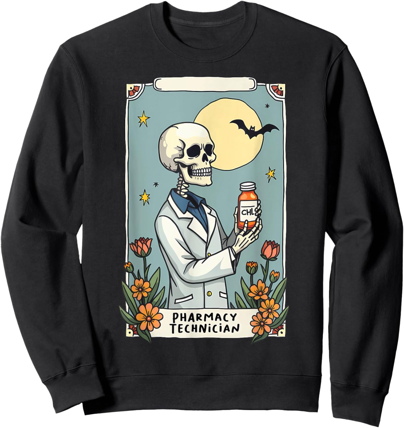 Floral Skeleton Skeleton Tarot Card Pharmacy Technician Sweatshirt - Sweatshirt | Black