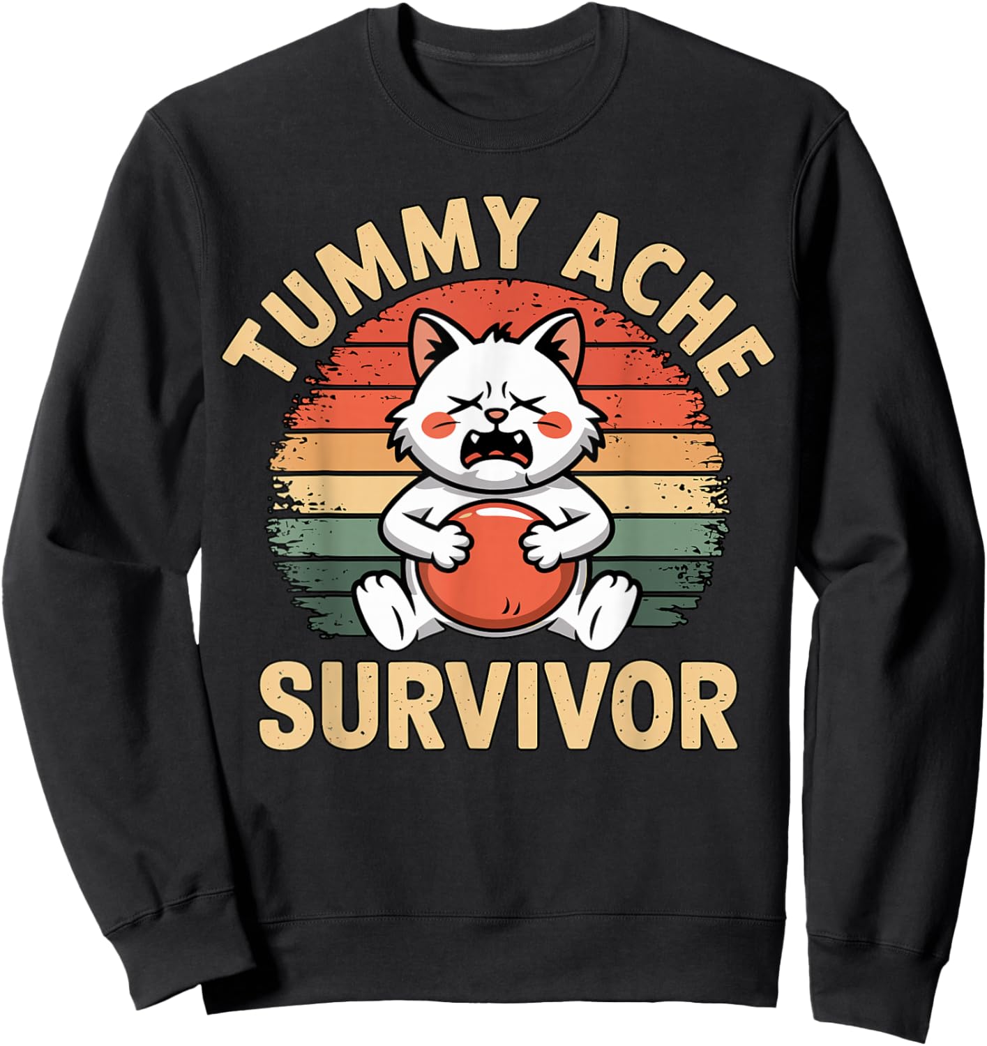 Tummy Ache Survivor Funny Cat Holding Belly Retro Sweatshirt - Sweatshirt | Black