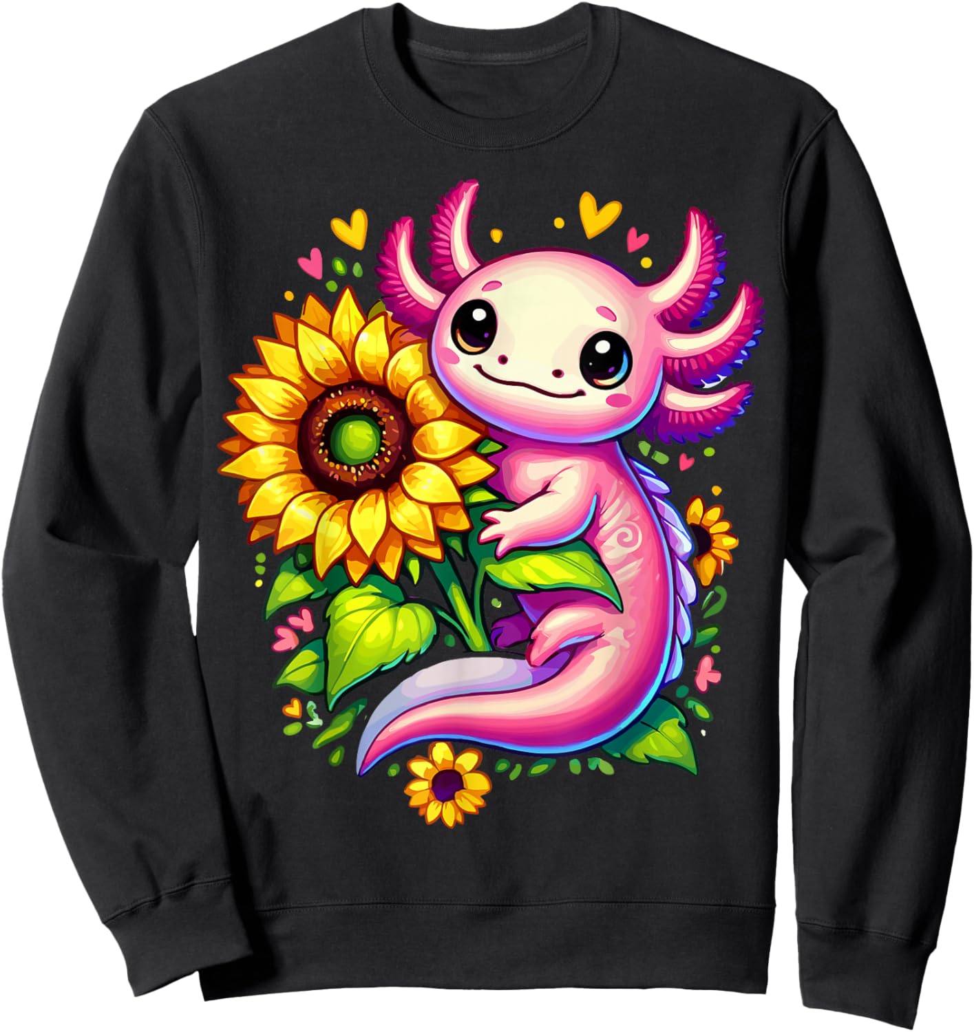 Colorful Axolotl Sunflower Kawaii Sweatshirt - Sweatshirt | Black