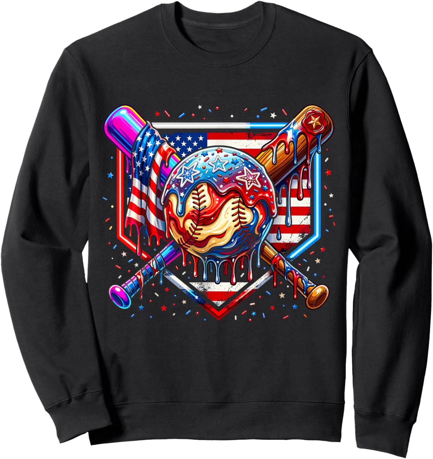 Baseball Drip American Flag for Boys Kids Youth 4th of July Sweatshirt - Sweatshirt | Black