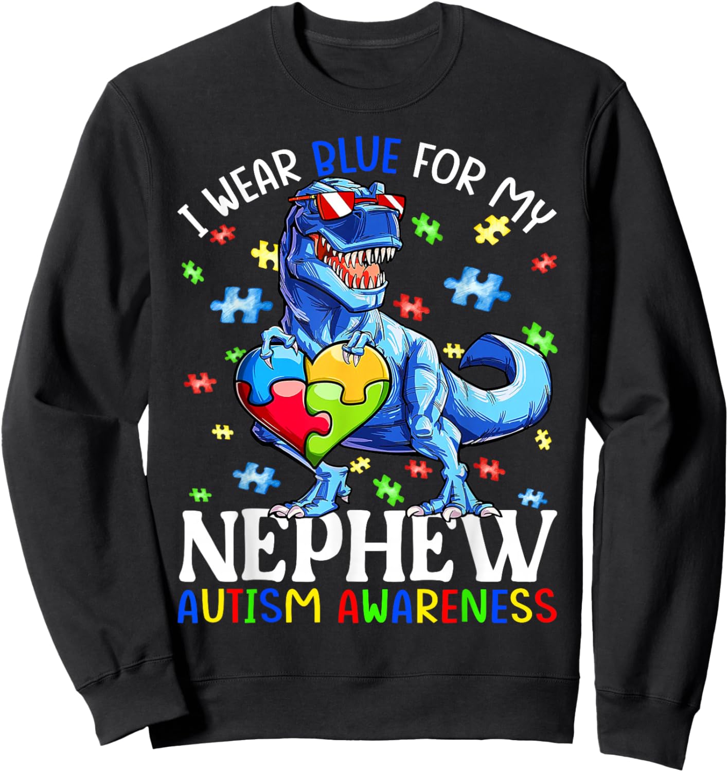 I Wear Blue For My Nephew Autism Awareness Dinosaur Boys Sweatshirt - Sweatshirt | Black