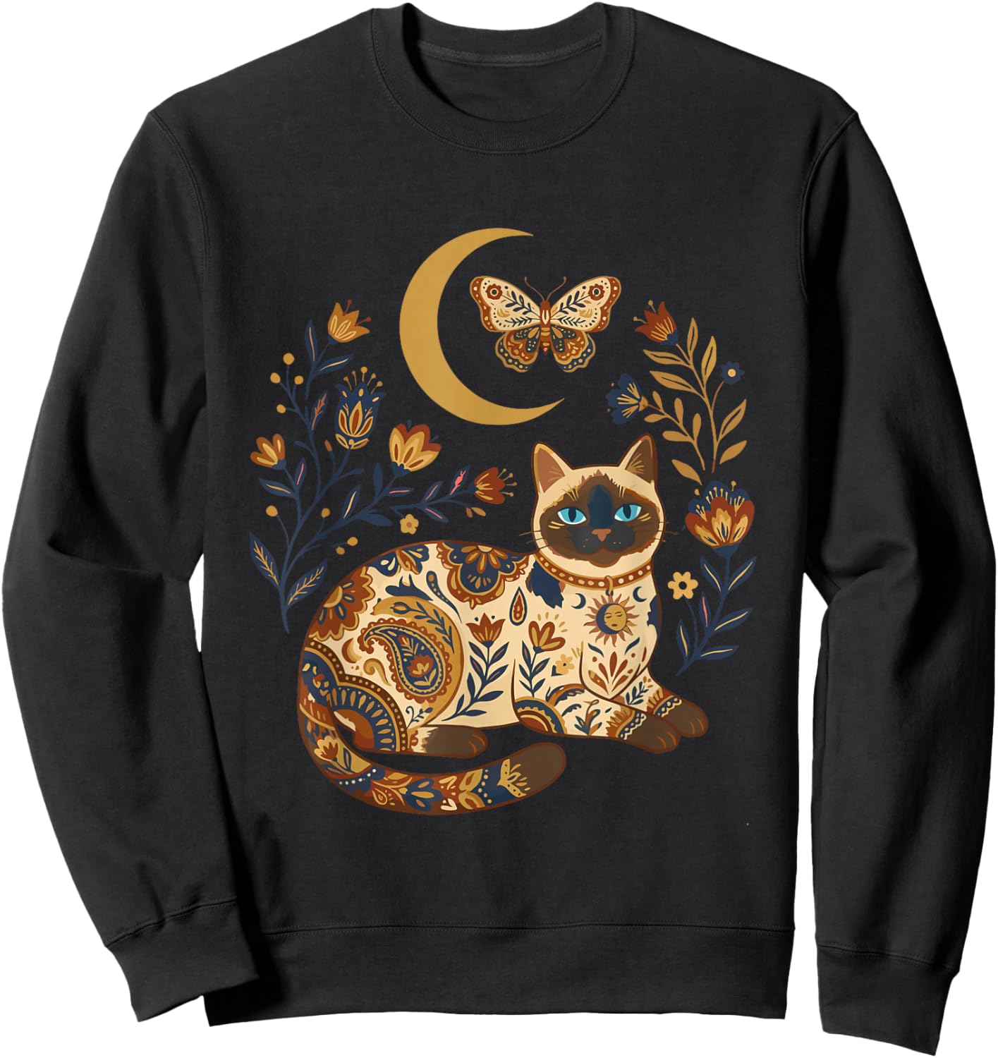 Boho Celestial Siamese Cat Moon Floral Sweatshirt - Sweatshirt | Black