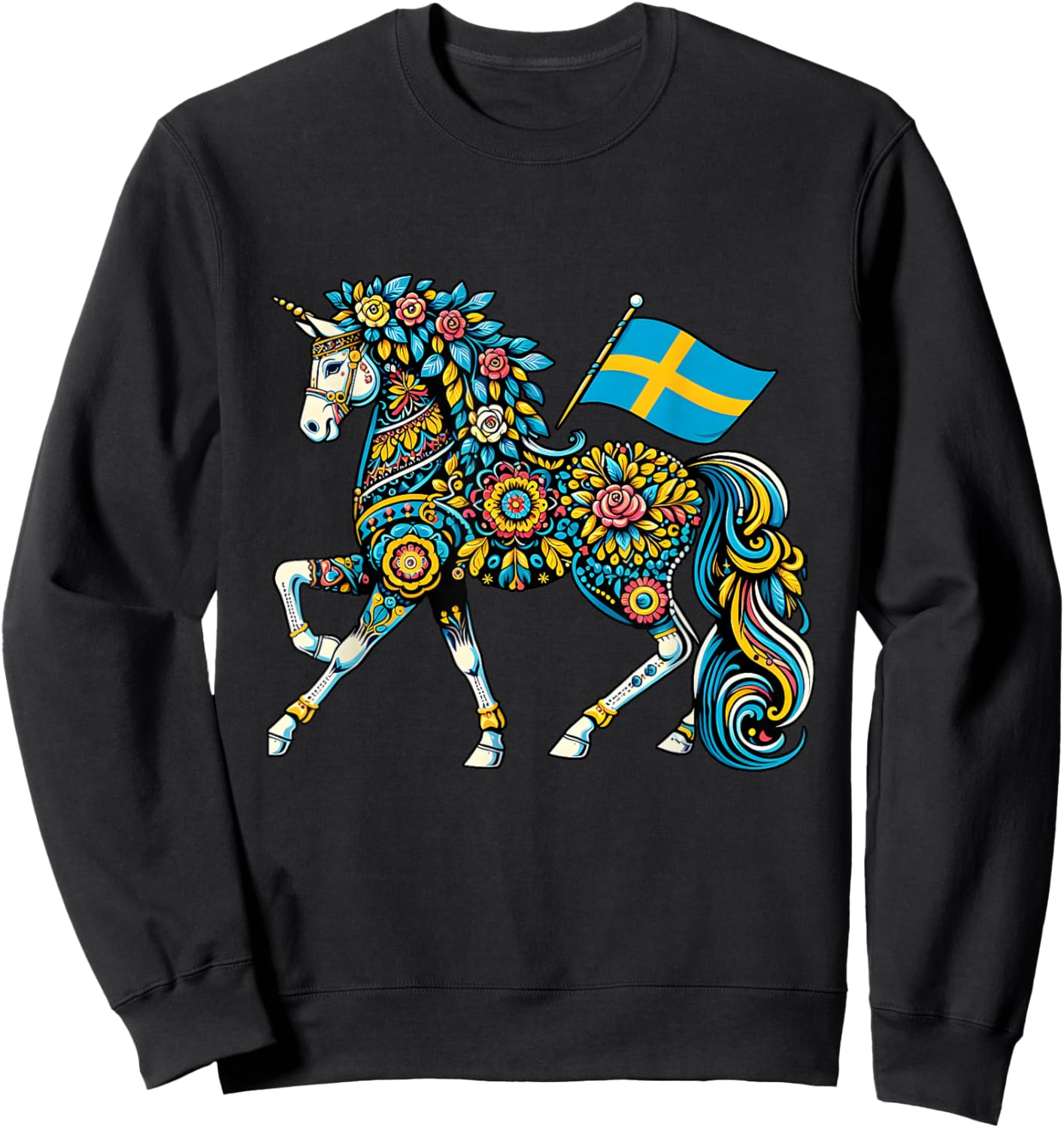 Swedish Dala Horse Folk Art Sweden Flag Dalahelmsoljd Horse Sweatshirt - Sweatshirt | Black