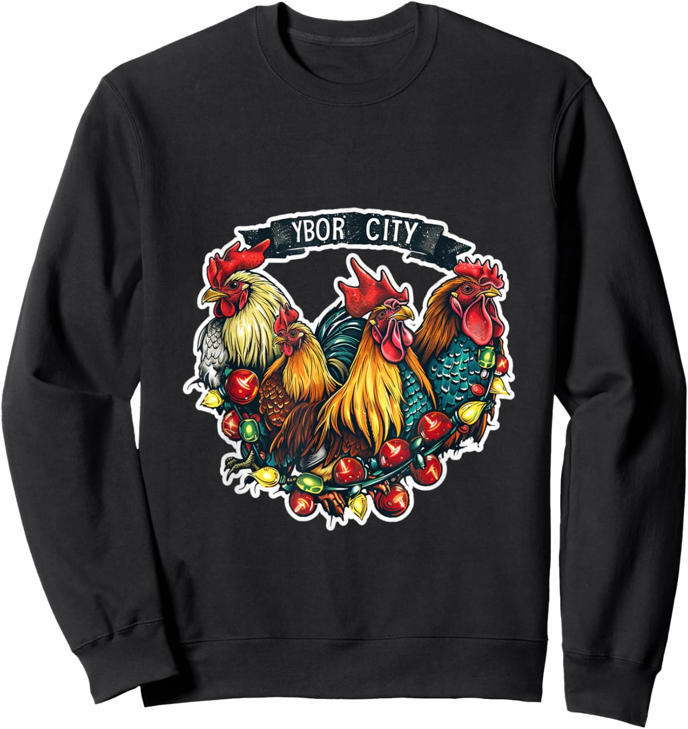 Ybor City Tampa Florida Chickens Roosters Christmas Lights Sweatshirt - Sweatshirt | Black