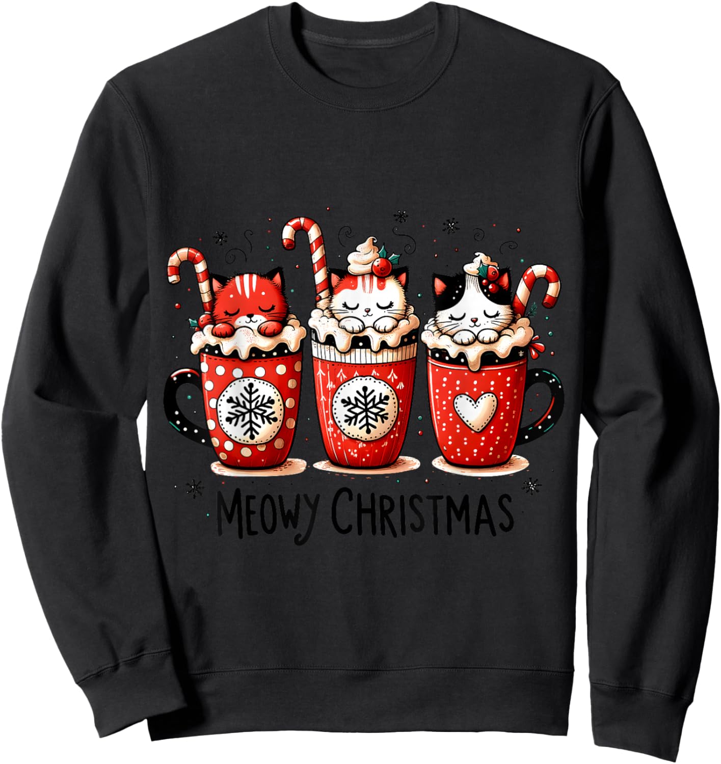 Meowy Christmas Cute Cats and Coffee Merry Xmas Graphic Sweatshirt - Sweatshirt | Black