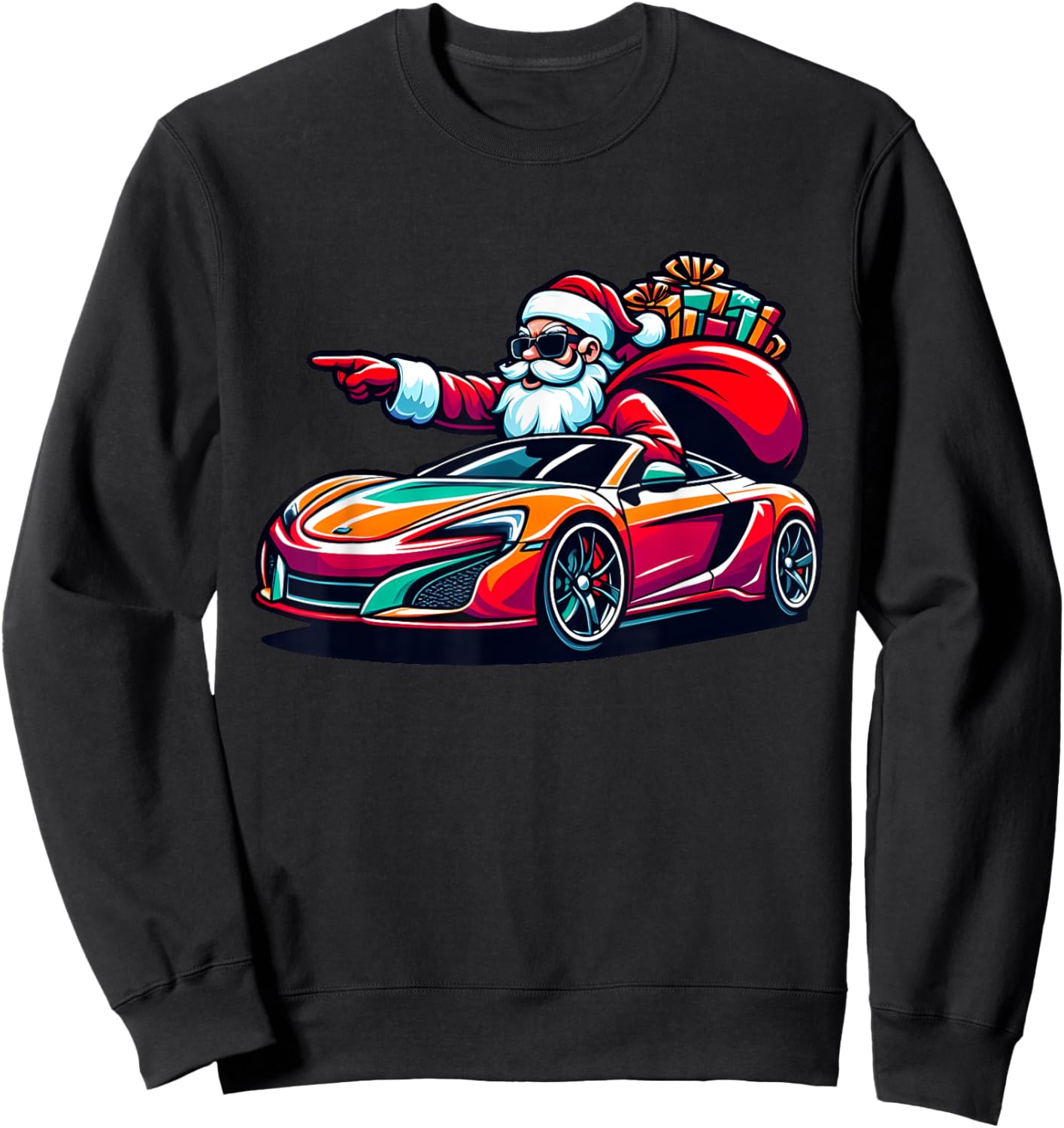 Funny Christmas Santa Claus Driving Sport Car Xmas Pajama Sweatshirt - Sweatshirt | Black