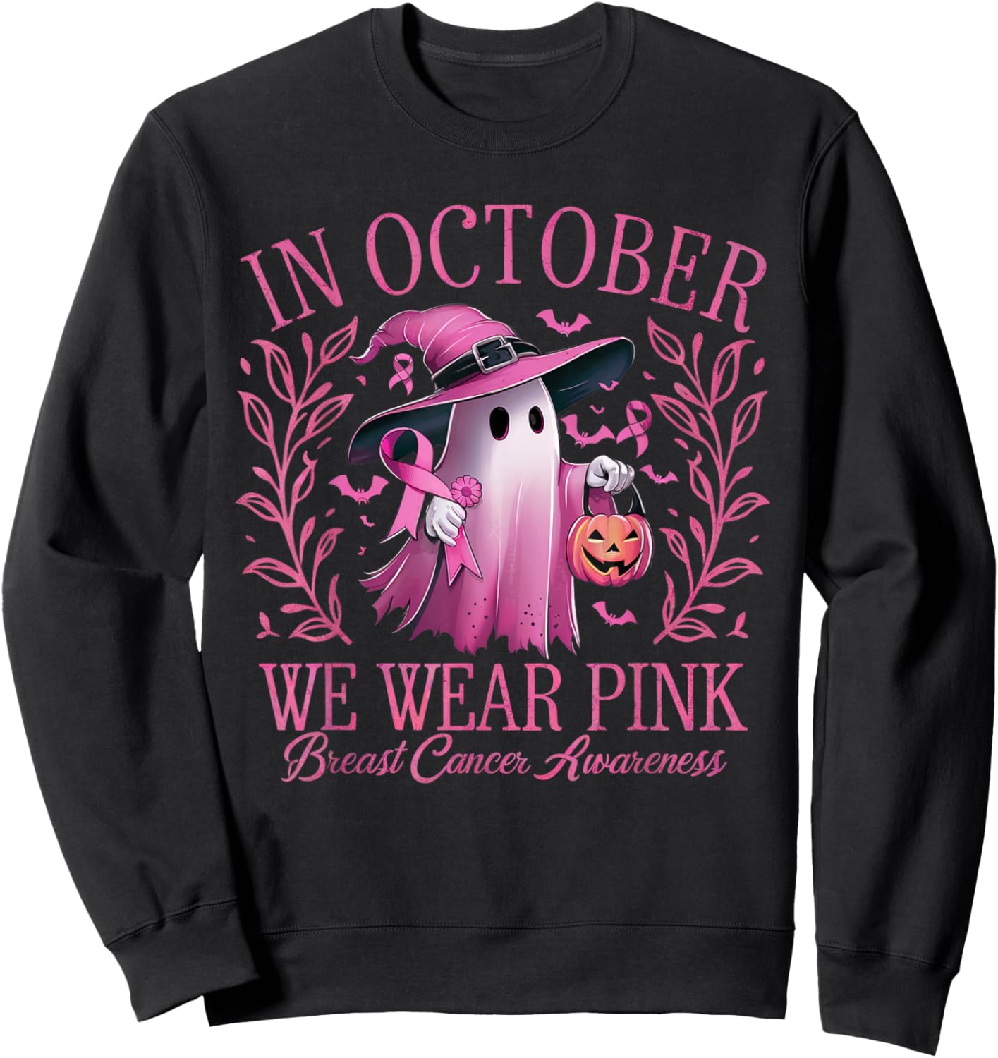 In October We Wear Pink Breast Cancer Awareness Halloween Sweatshirt - Sweatshirt | Black
