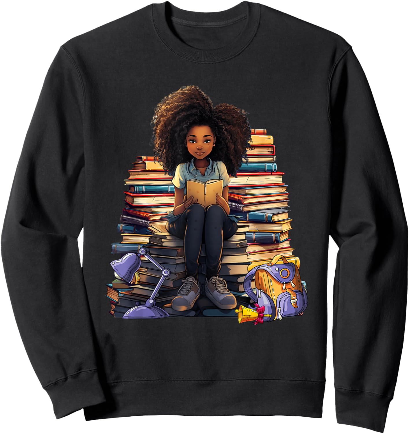 Back To School Afro Melanin Girl Reading Book Bookworm Sweatshirt - Sweatshirt | Black