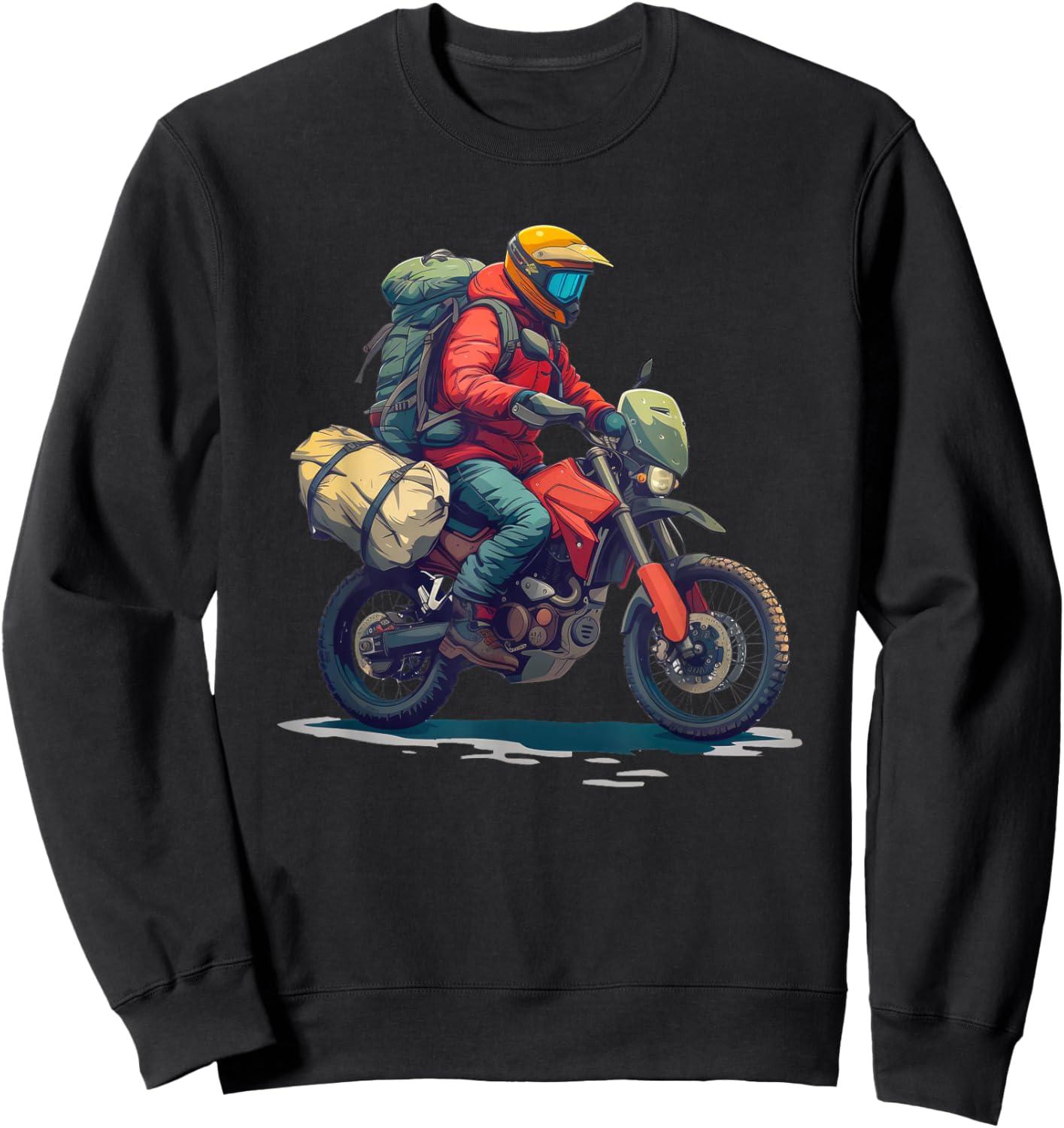 Adventure Motorcycle Rider with Camping Gear Sweatshirt - Sweatshirt | Black