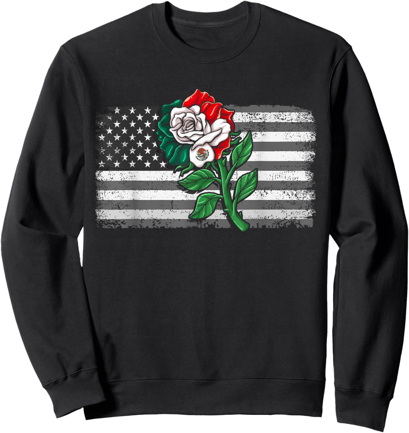Mexico US Flag Mexican Flag American Flag Rose Sweatshirt - Sweatshirt | Black