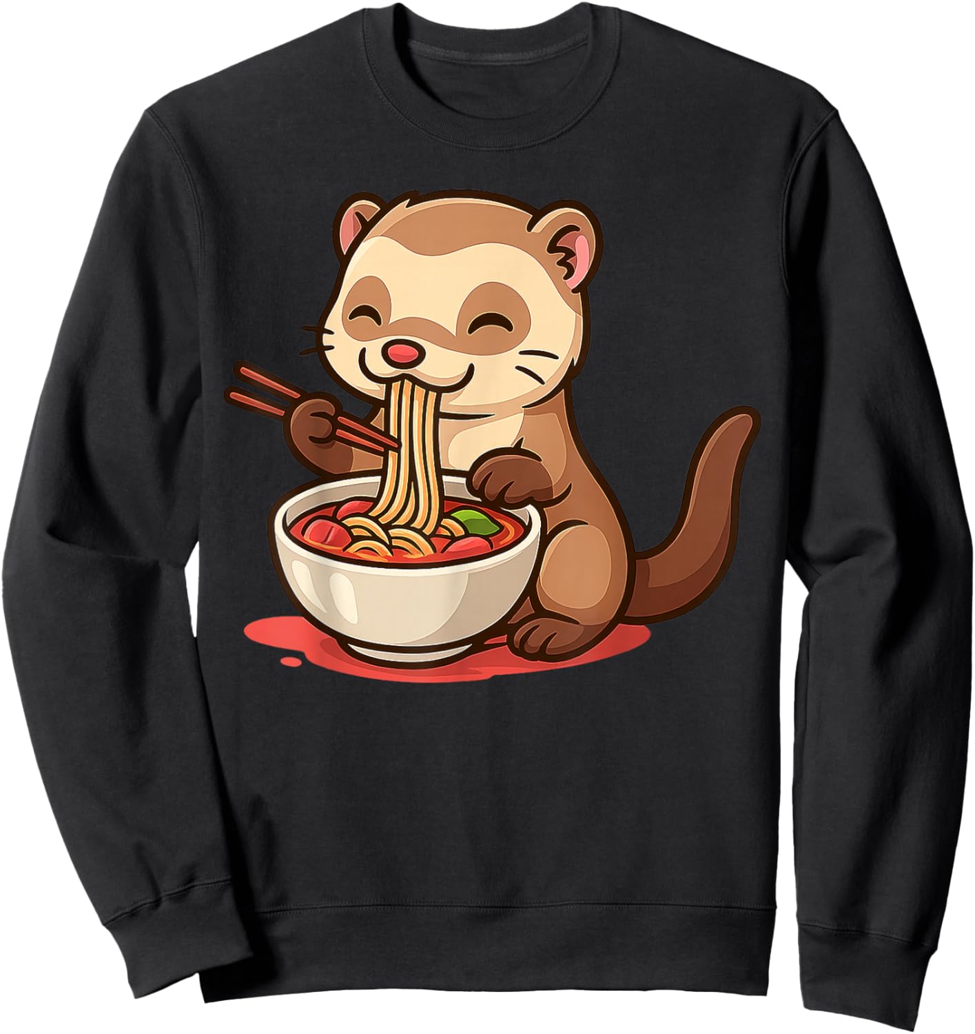 Anime Kawaii Ferret Eating Ramen Noodles Men Women Teen Kids Sweatshirt - Sweatshirt | Black