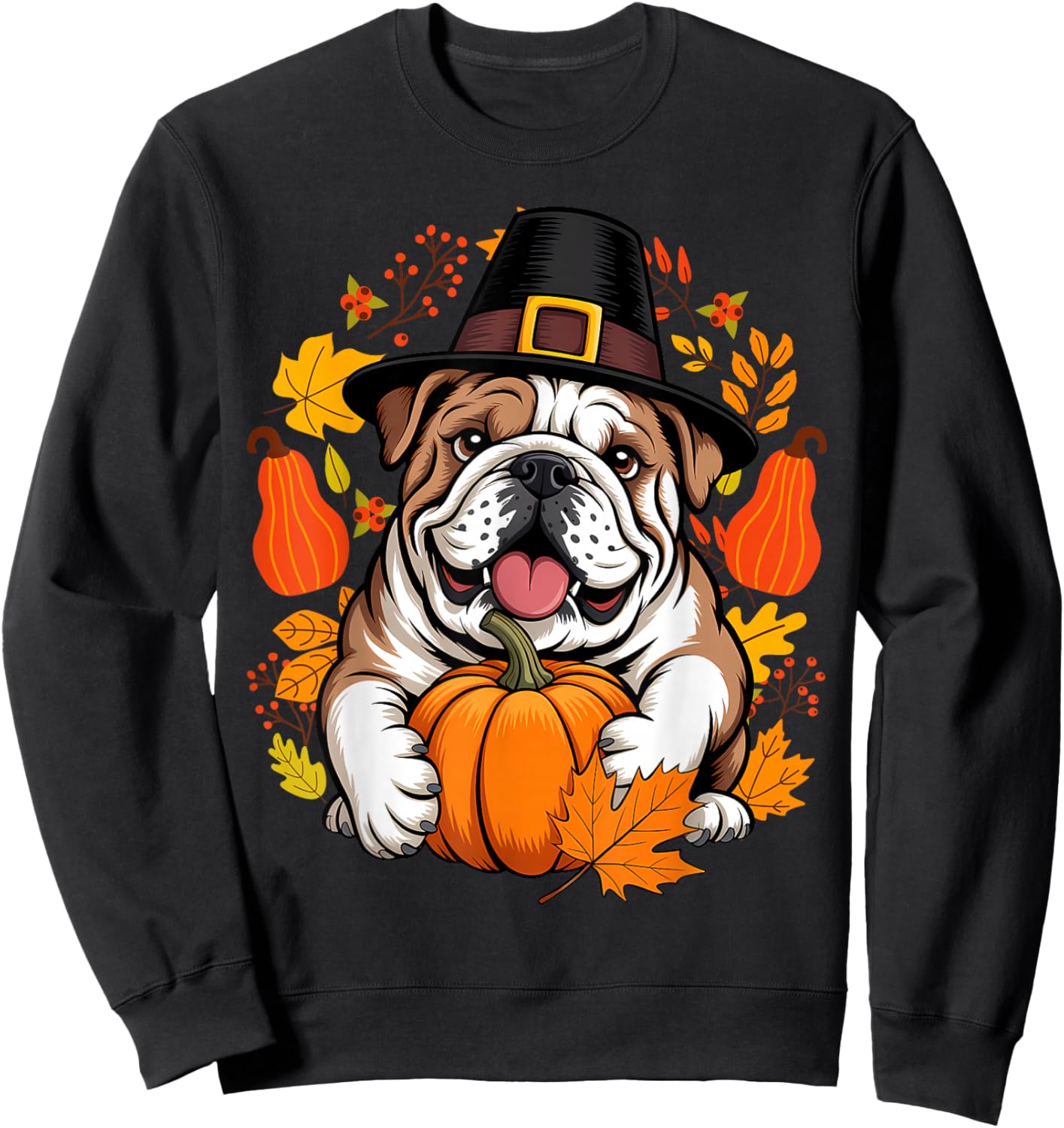 English Bulldog Pumpkin Leaf Thanksgiving Fall Halloween Dog Sweatshirt - Sweatshirt | Black