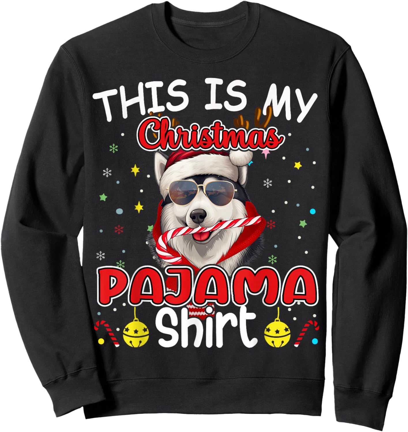 Siberian Husky Christmas Pajama Reindeer Men Women Boys Xmas Sweatshirt - Sweatshirt | Black