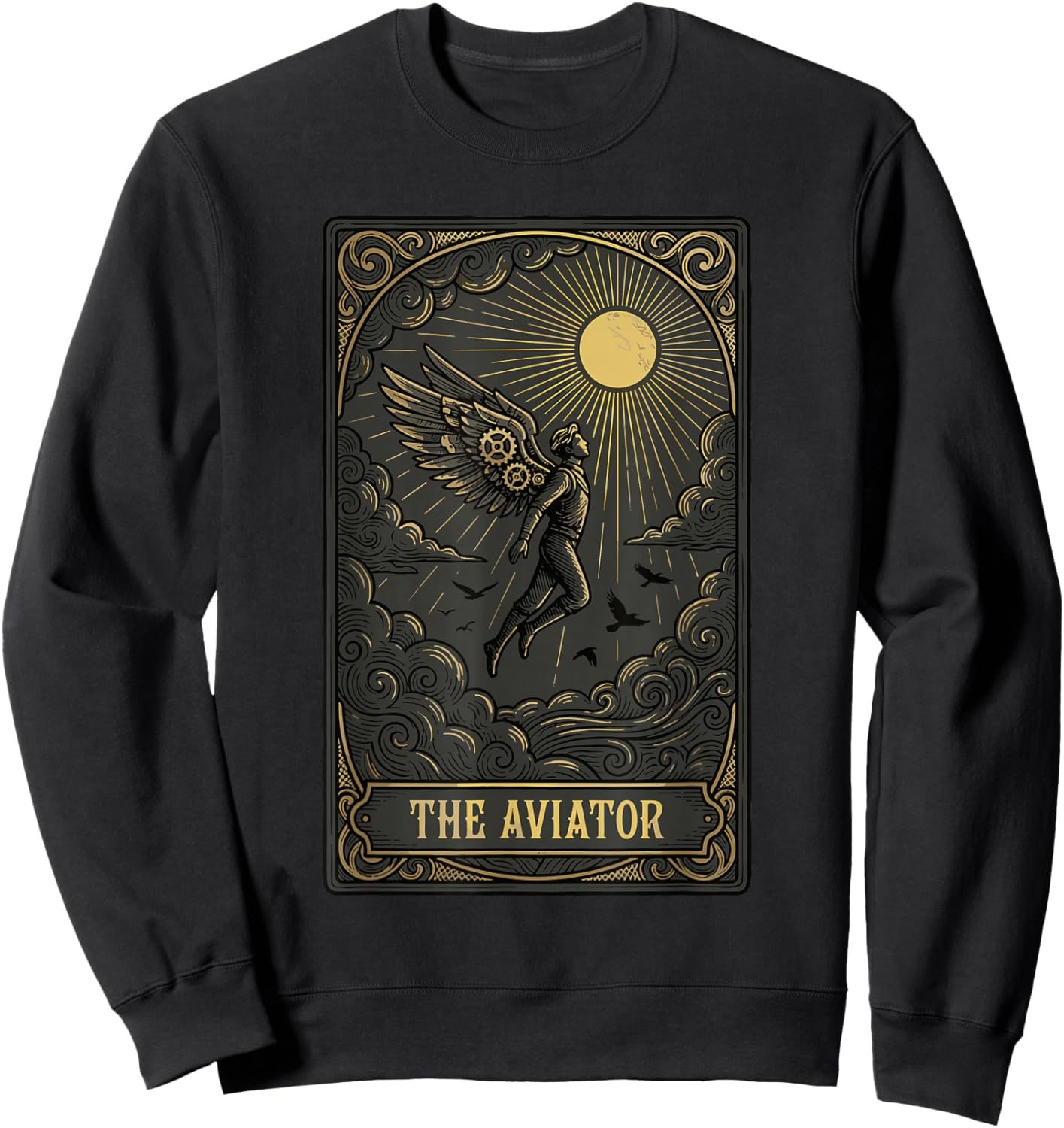 Vintage Tarot Card Style Mechanical Wings Aviation Design Sweatshirt - Sweatshirt | Black