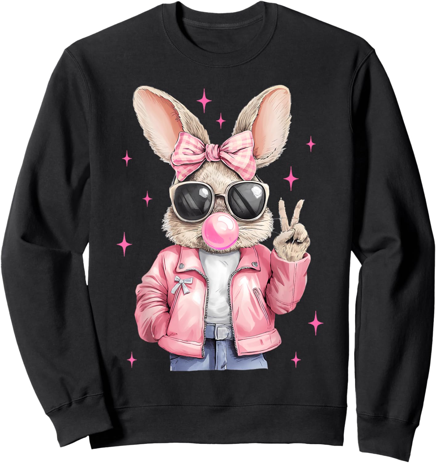 Happy Easter Bunny Rabbit Face Coquette Bow Easter Girl Kids Sweatshirt - Sweatshirt | Black