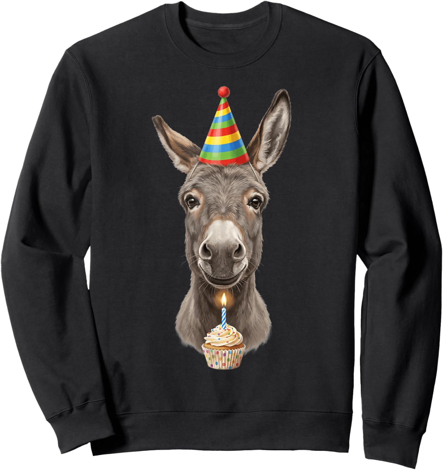 Funny Donkey Birthday Party Hat and Cupcake Sweatshirt - Sweatshirt | Black