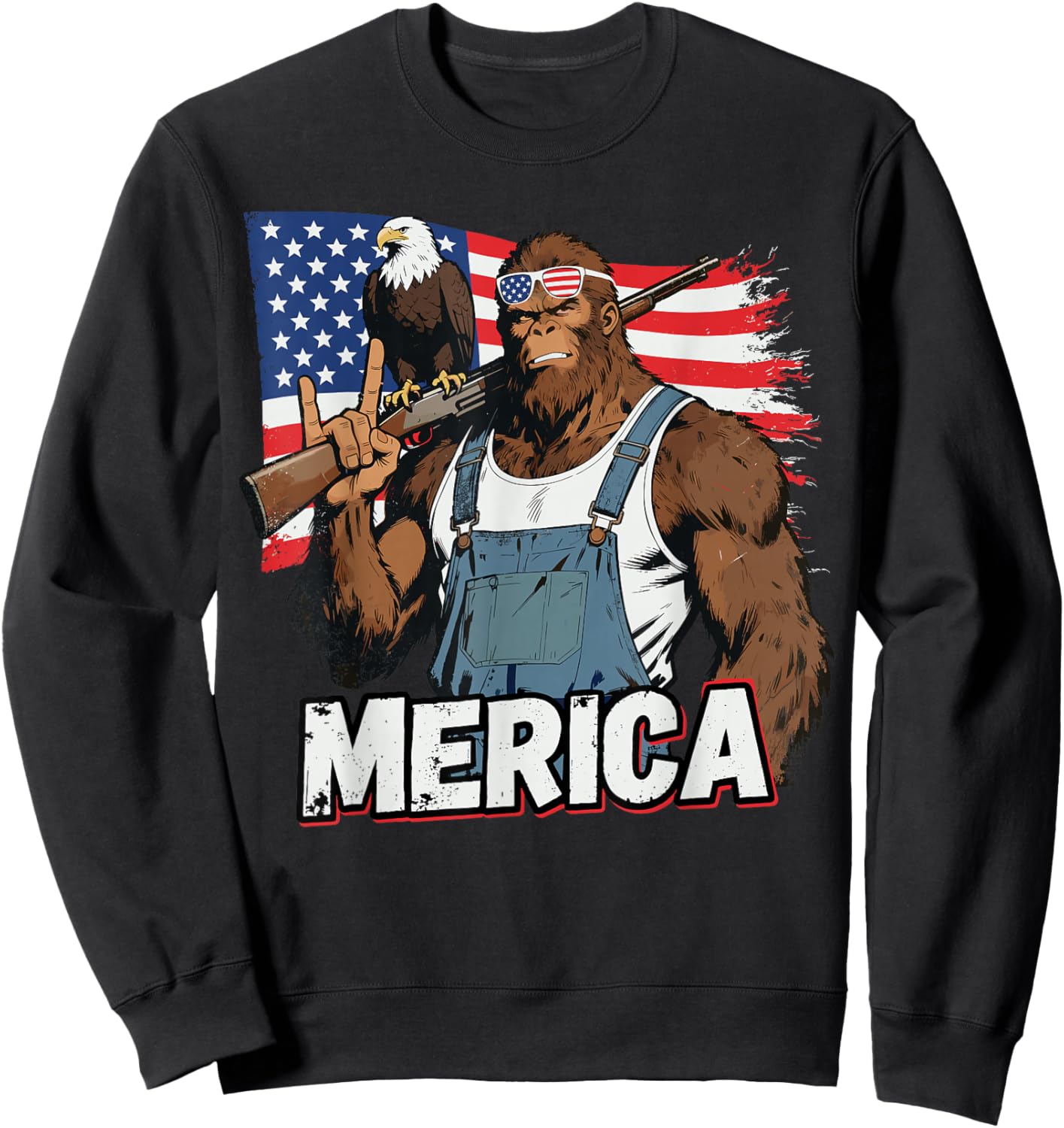 Bigfoot Merica Rock USA Flag Patriotic Sasquatch 4th of July Sweatshirt - Sweatshirt | Black