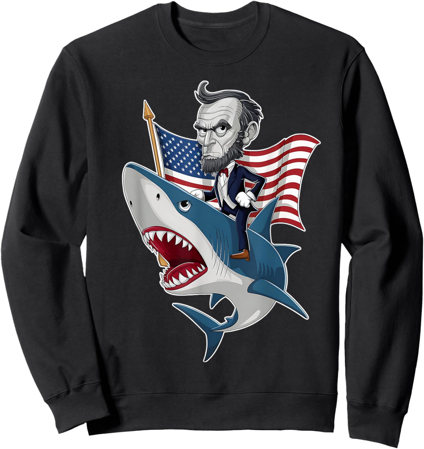 Abraham Lincoln Riding A Shark 4th Of July Patriotic Graphic Sweatshirt - Sweatshirt | Black