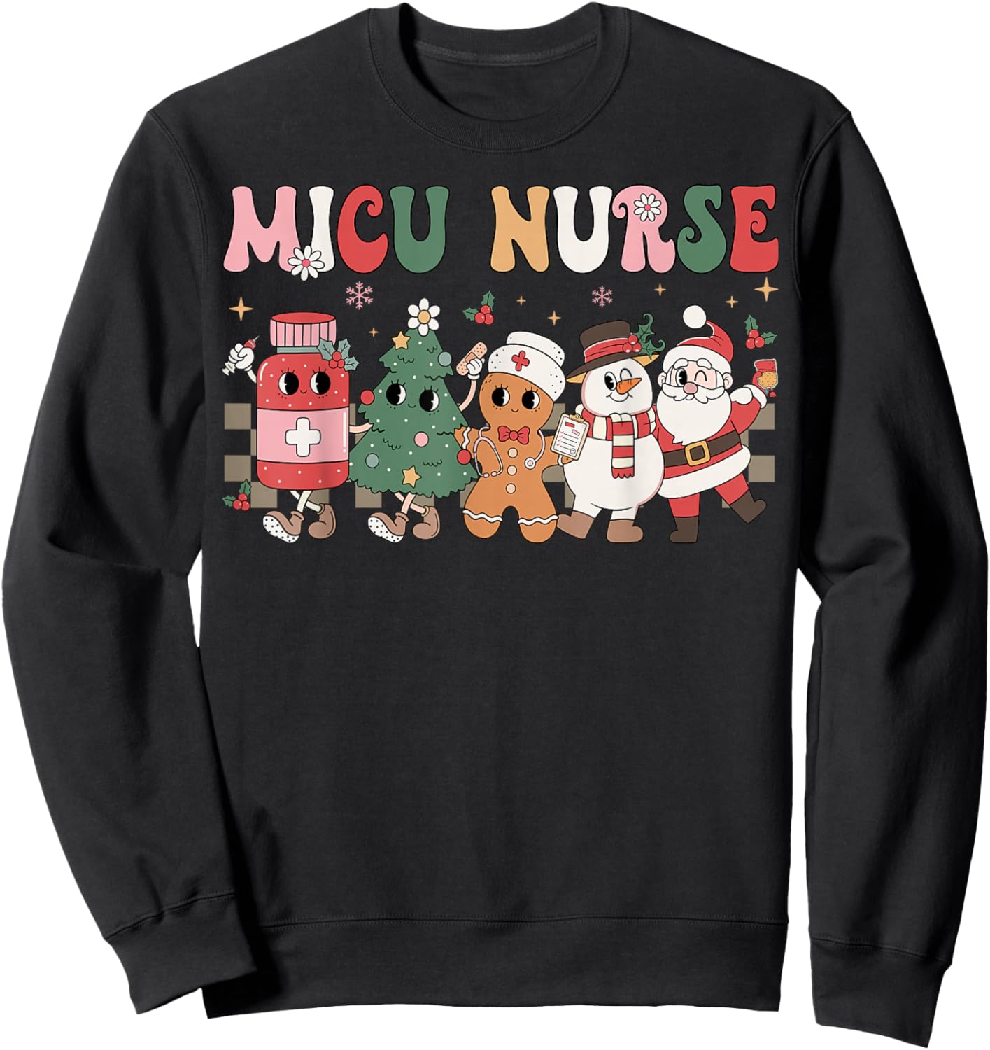 MICU Nurse Christmas Tree Gingerbread Nurse Retro Sweatshirt - Sweatshirt | Black