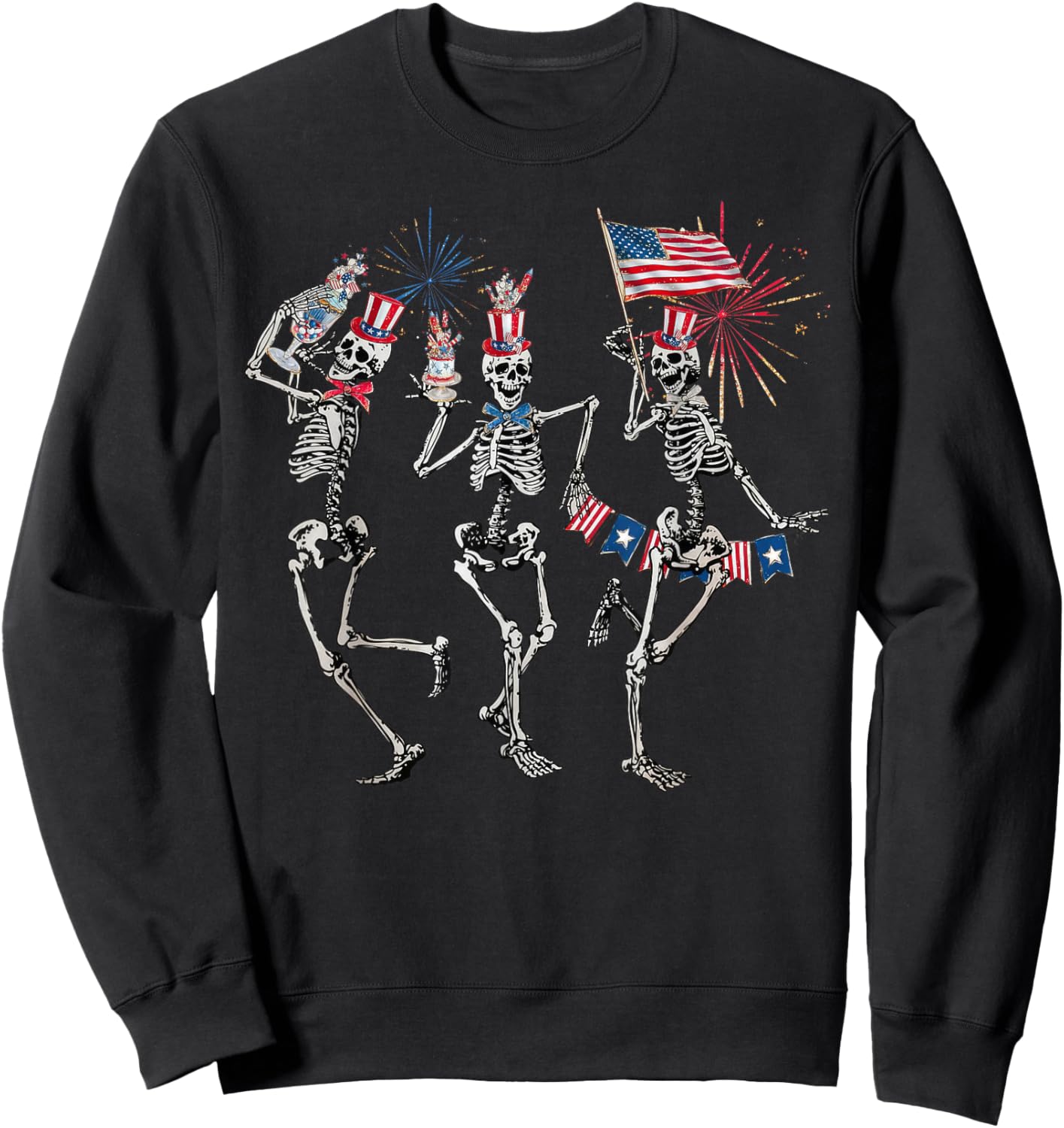 Dancing Skeleton US Flag 4th Of July Fireworks Patriotic Women Men Sweatshirt - Sweatshirt | Black