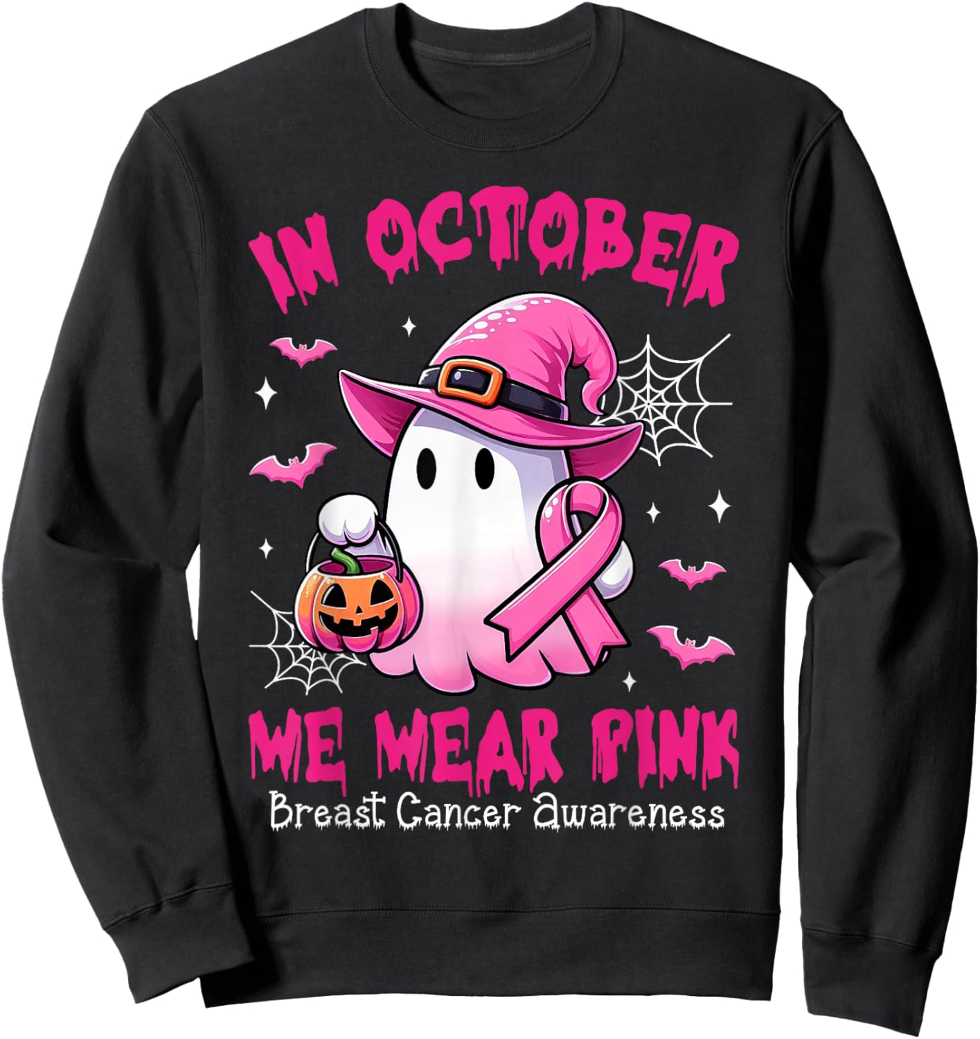 In October We Wear Pink Ghost Witch Breast Cancer Awareness Sweatshirt - Sweatshirt | Black