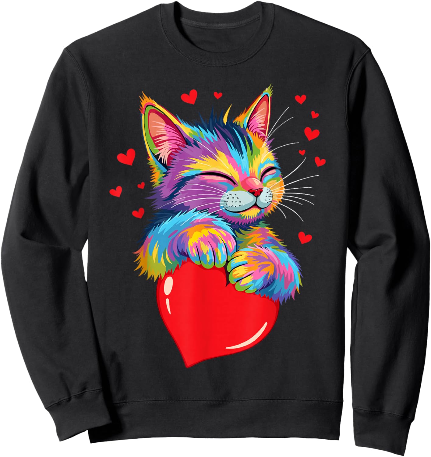 Valentines Day Cat And Love Heart Women Girls Cats Lover Sweatshirt - Sweatshirt | Black