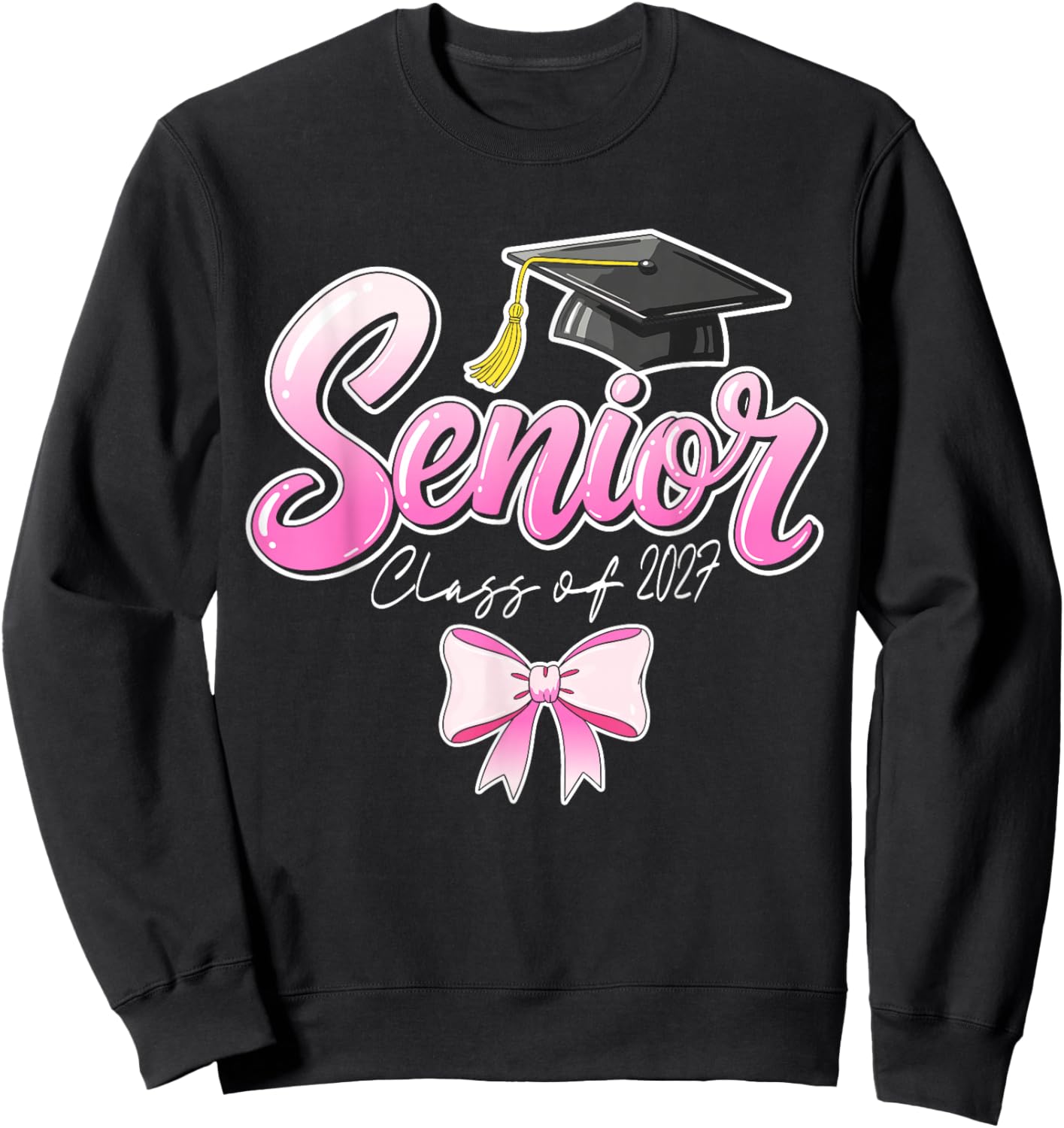 Senior Graduation Class 2027 Graduate Girls Pink Ribbon Sweatshirt - Sweatshirt | Black